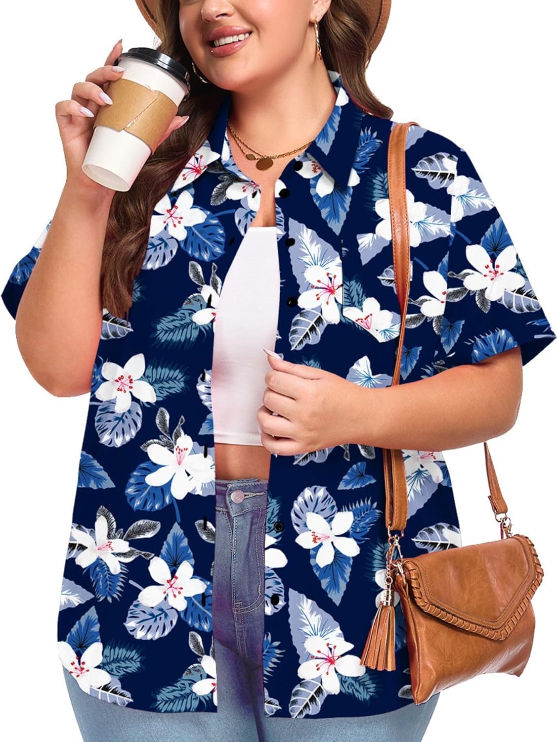 Womens Plus Size Tops Button Down Shirts Cuffed Short Sleeve Casual Tunic Collared Summer Casual Blouse