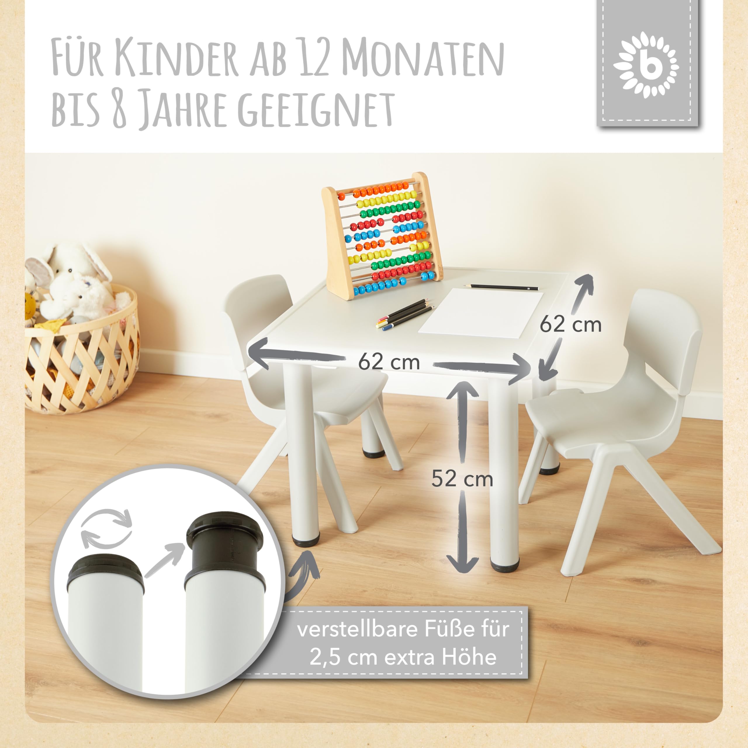 Bieco Kindertisch mit 2 Stühlen - Indoor & Outdoor - Stapelbar und Kippsicher - Basteltisch und Maltisch