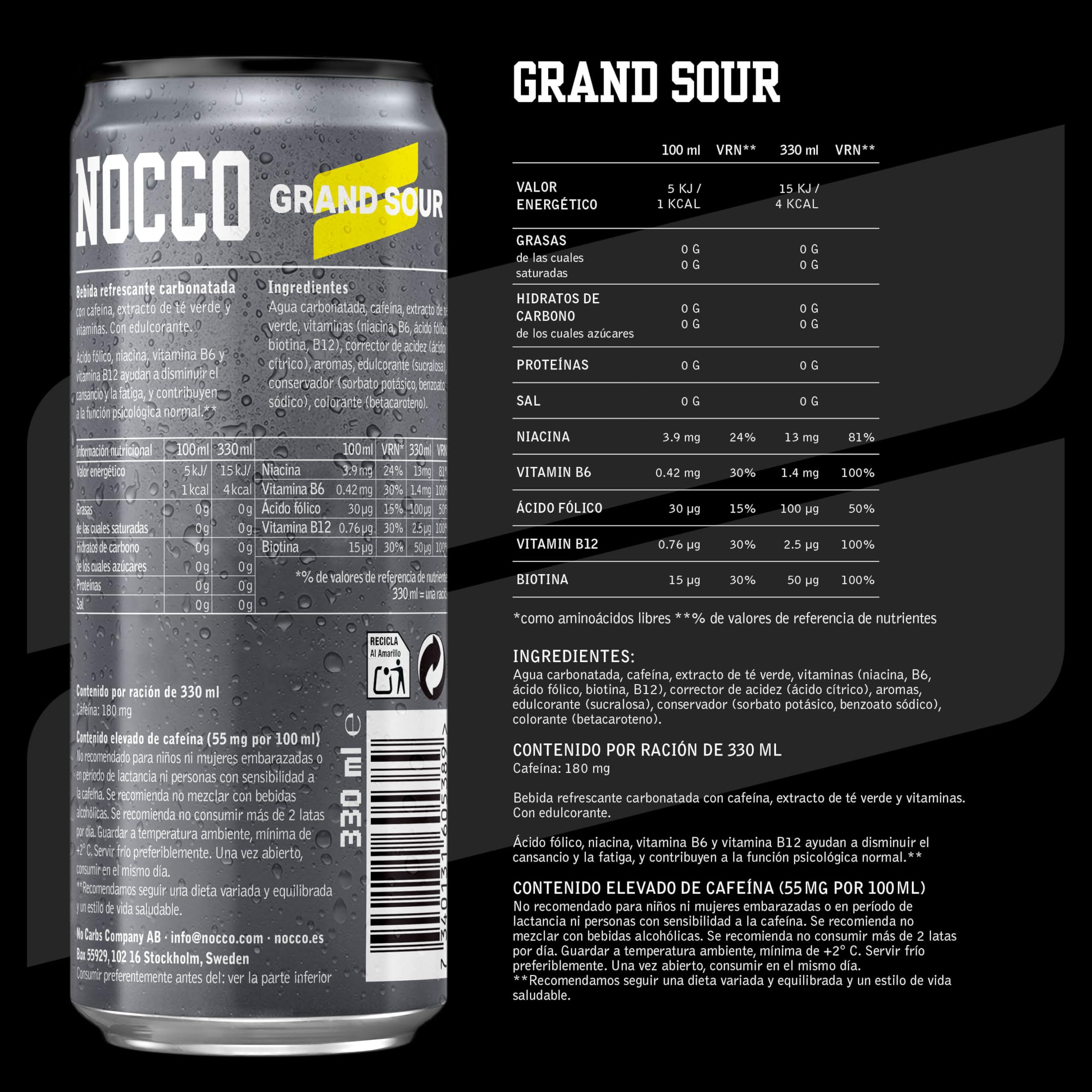 NOCCO -Bebida Energética con 180mg Cafeína, Enriquecida con Vitaminas B6 y B12, Sin Azúcar, Sin Carbohidratos - 24 x 330ml inkl. Pfand (Grand Sour)