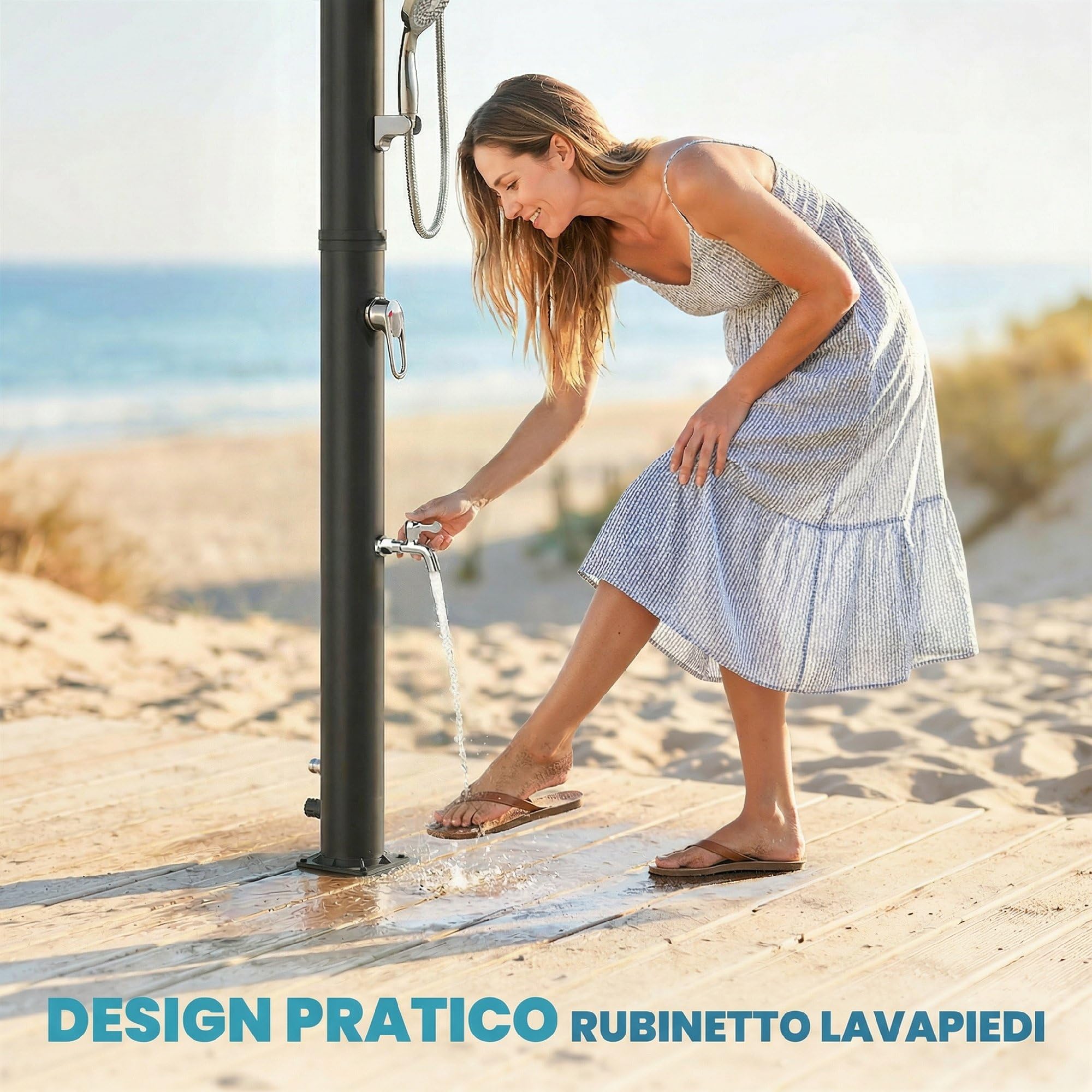 Outsunny Doccia Solare da Giardino 20L con Protezione Antigelo Nero | 2 Soffioni a Pioggia, Rubinetto per Piedi, Acqua Calda max. 60°C, per Piscina Campeggio, Senza Elettricità
