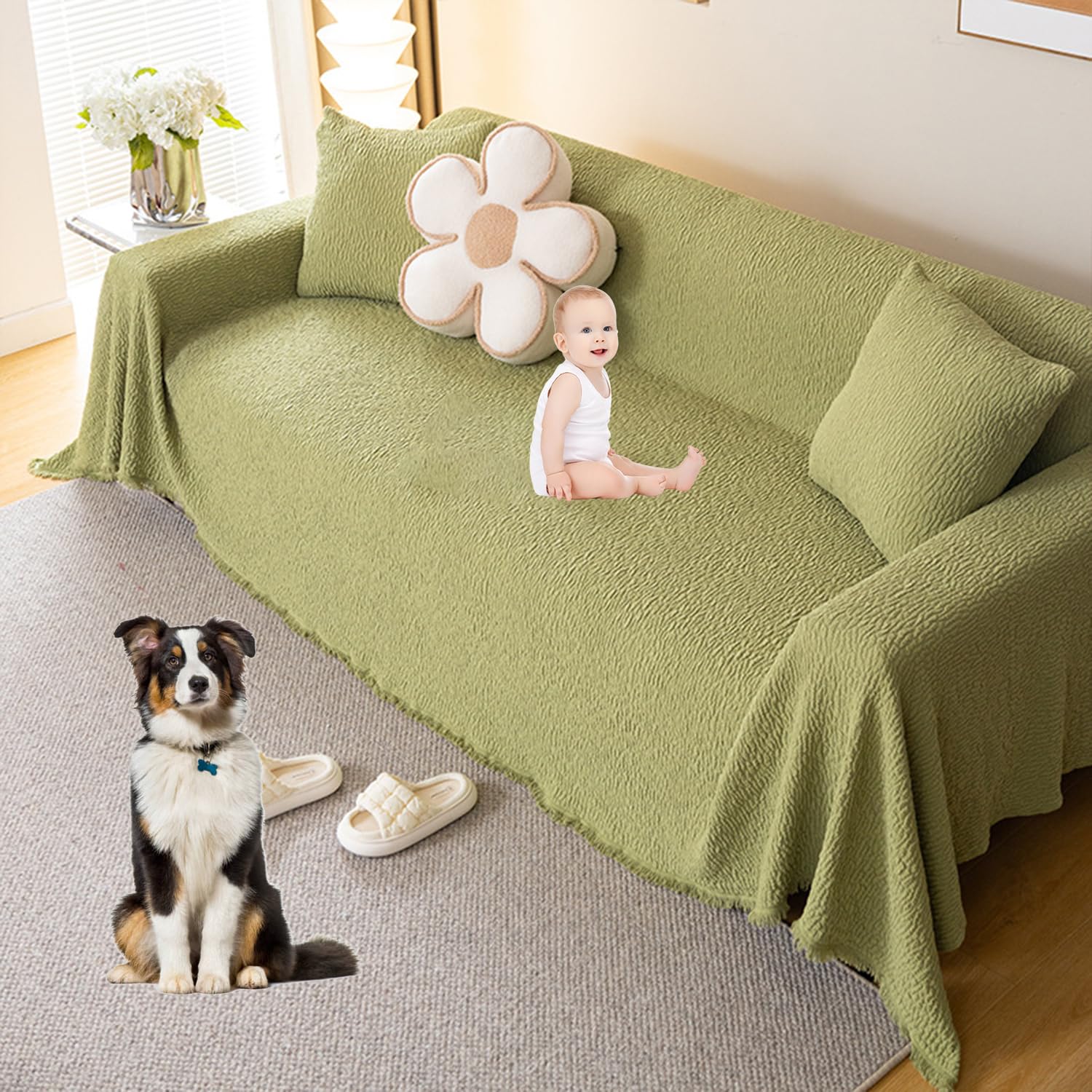 Funda de sofá elástica verde de 180x130 cm antideslizante con borlas para loveseat