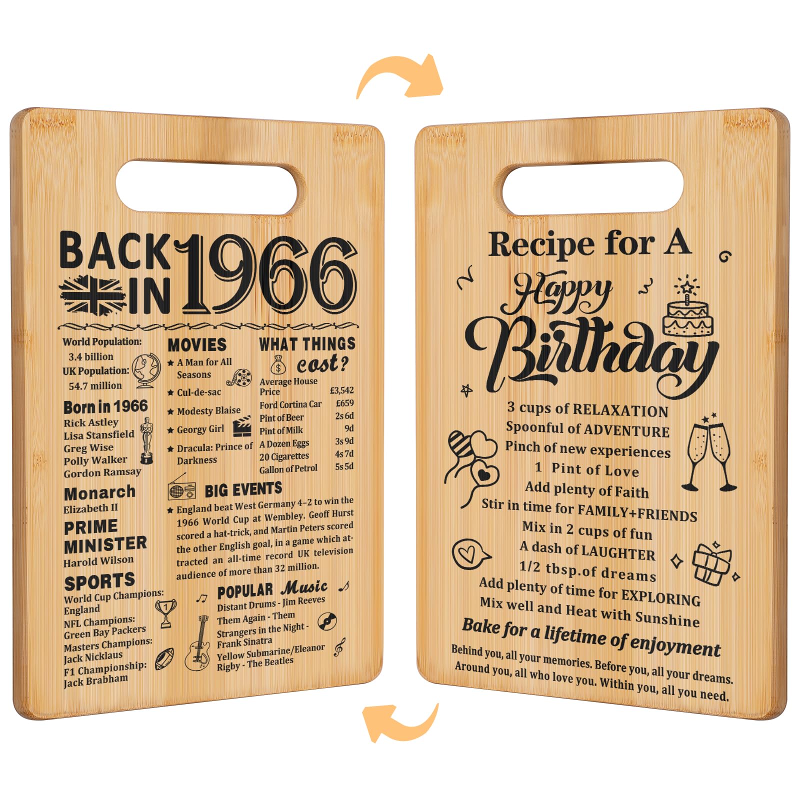 60th Birthday Gifts for Women Men,Back in 1966&Recipe for A Happy Birthday Double Sided Cutting Board Present for Her Him,60th Bday Gift Ideas,Cool Presents for 60 Year Old Woman