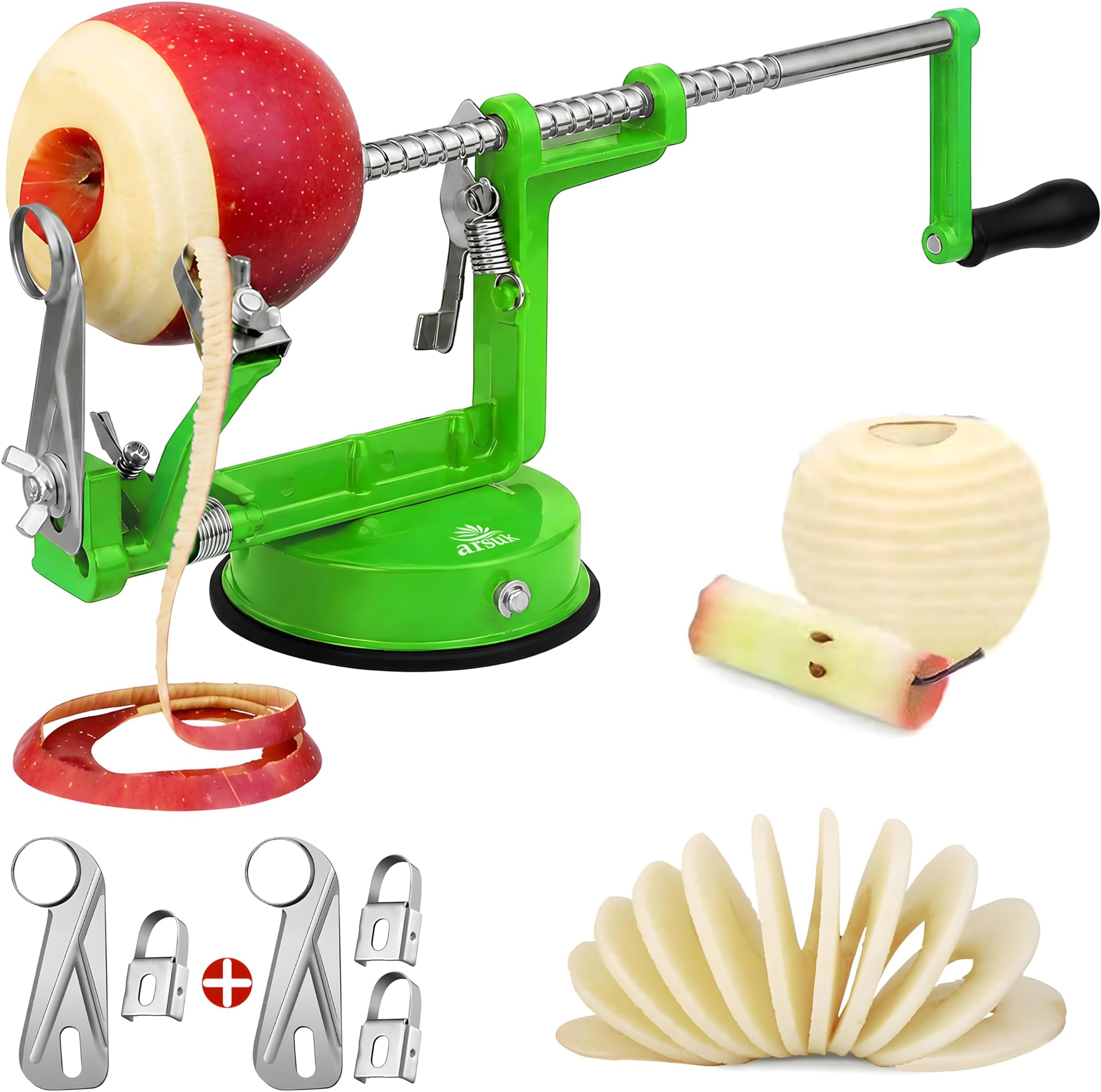 ARSUK Apple Peeler (3 Replacement Blades) Slicer Corer 3 in 1 Fruit Peeler Machine for Potatoes Stainless Steel Adjustable Blade for Easy Kitchen Use with Anti Slip Powerful Suction Base (Green)