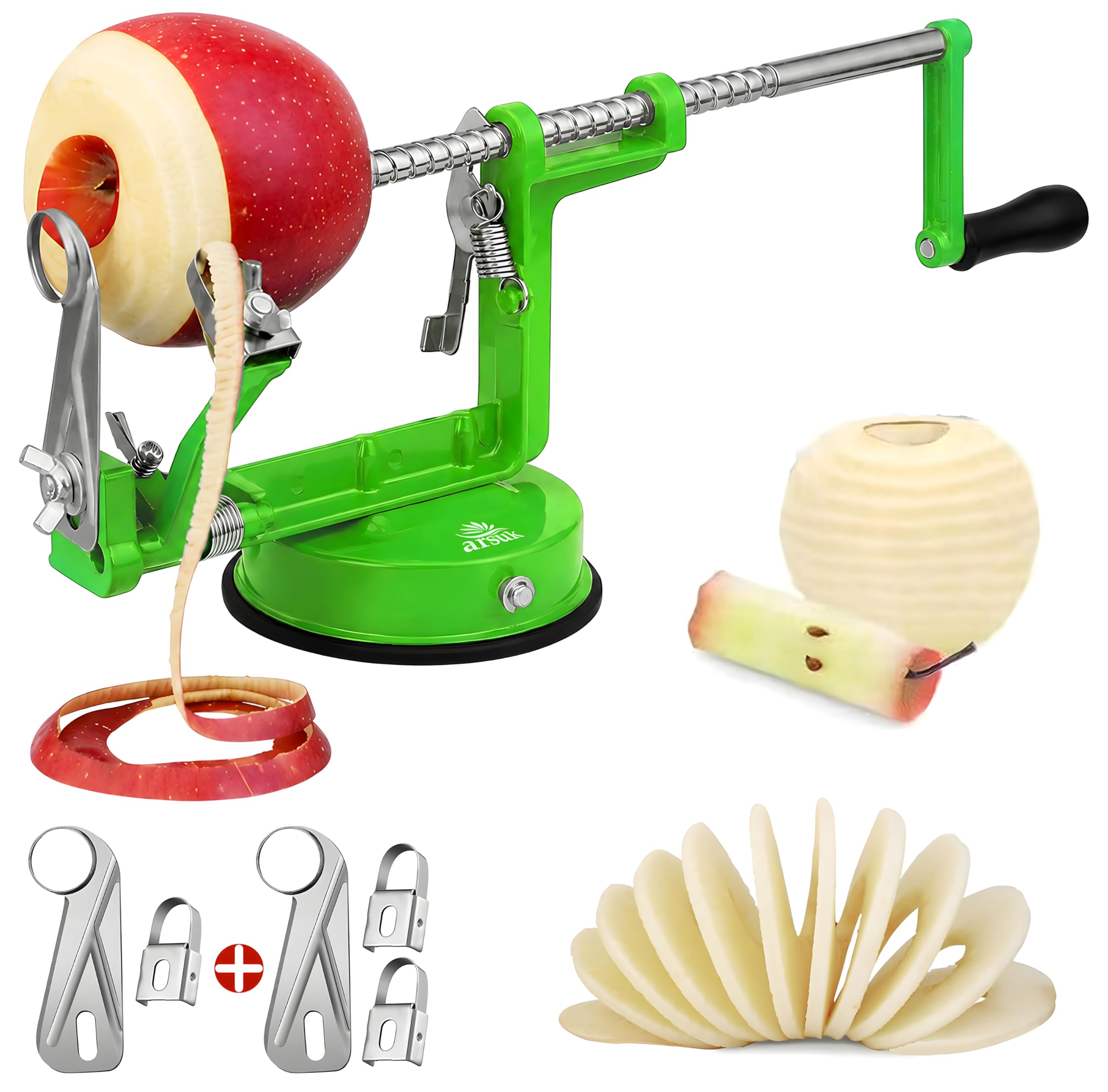 ARSUK Sbuccia Mela - Pelatore, Affettatore e Levatorsoli, Pelapatate Frutta Verdure e Patate Pela 3 in 1 - Pelamele Macchina, Corpo Ghisa, Lama Regolabile in Acciaio Inox, Base a Ventosa Antiscivolo