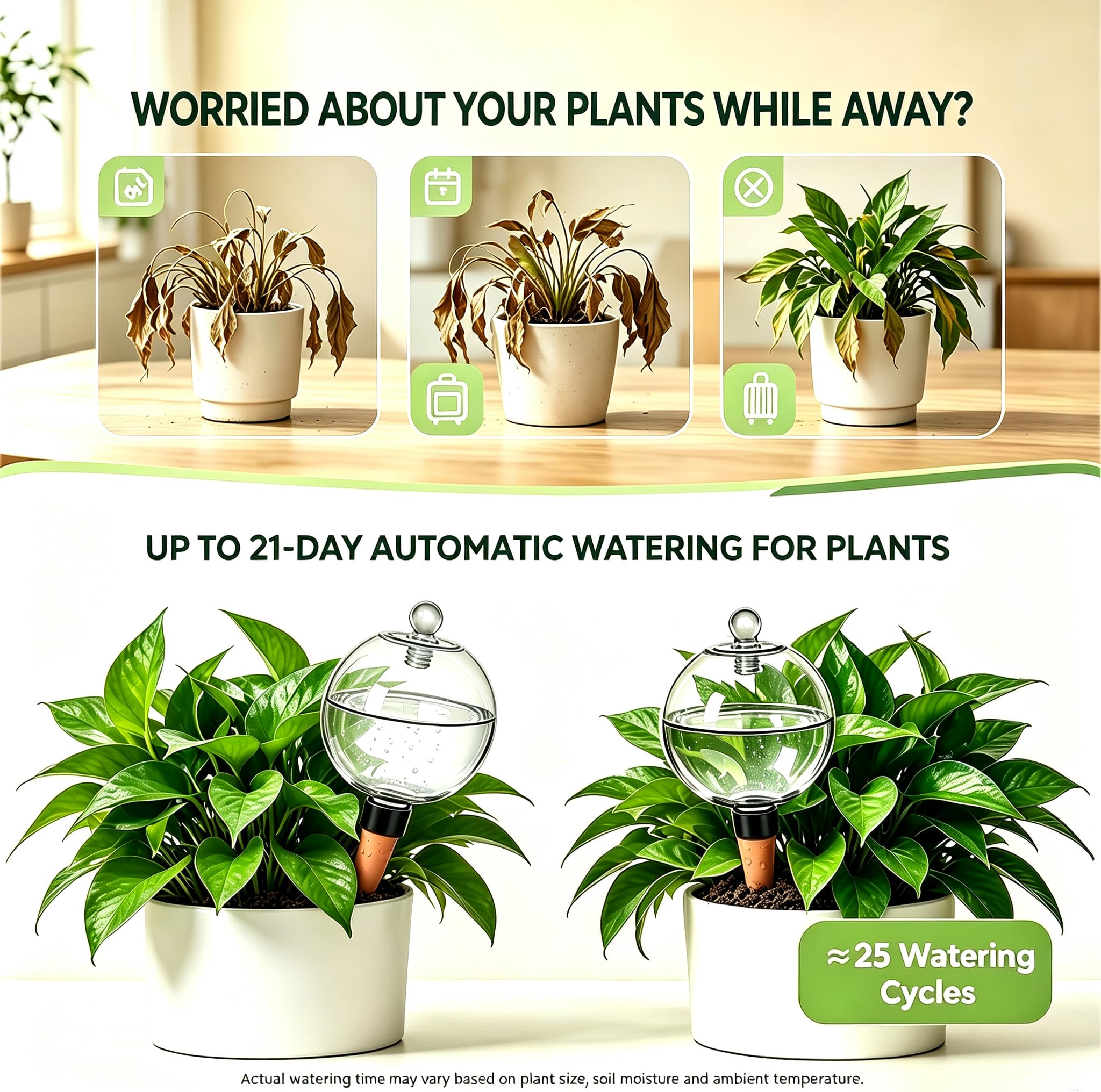 Lot de 2 grands globes d'arrosage automatique en plastique pour plantes 737 g | Jusqu'à 21 jours d'arrosage pour de longues vacances, bouchon en verre anti-obstruction pour éviter la saleté