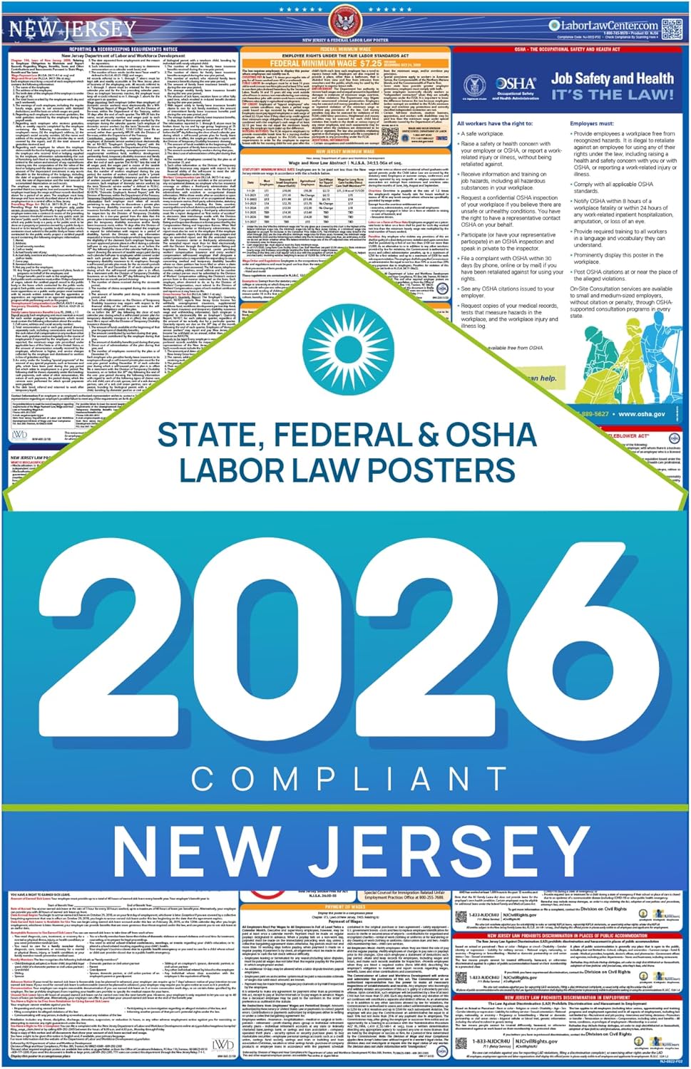 Labor Law Poster New Jersey 2026, Paper Unlaminated, State, Federal Notices