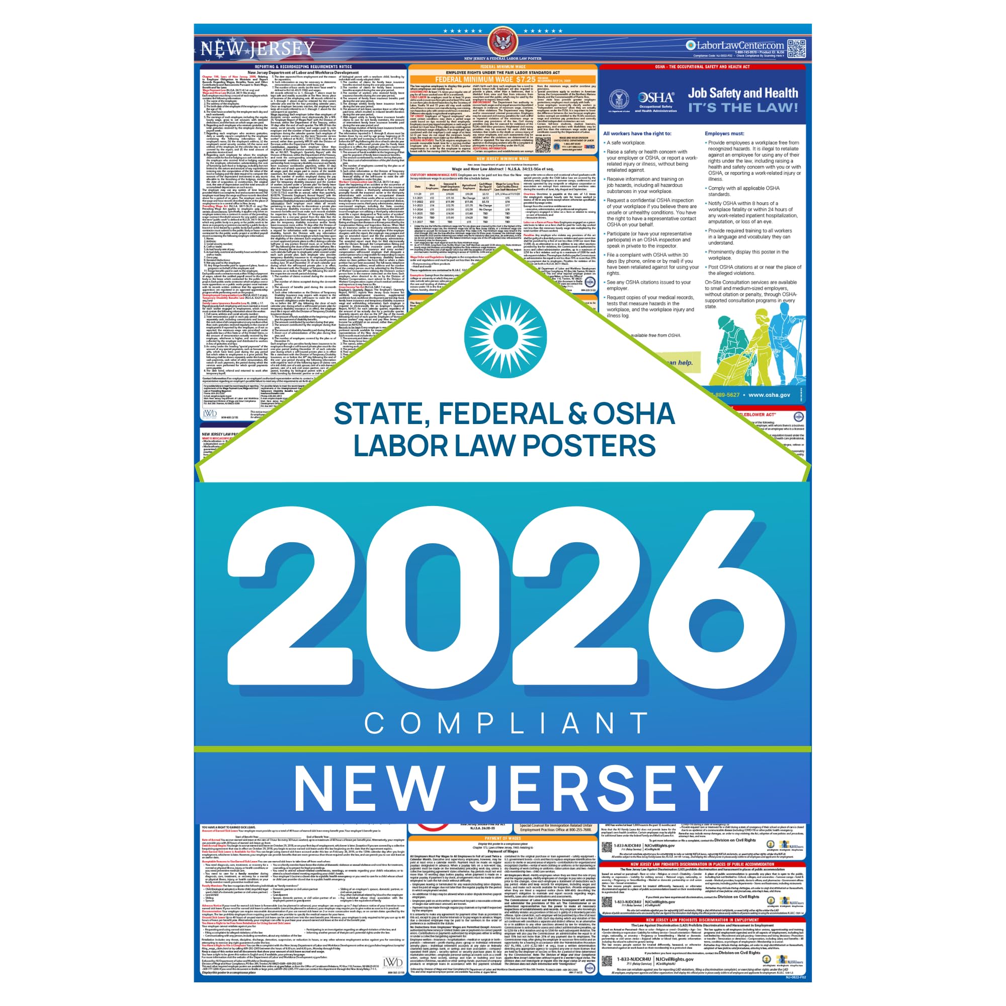 New Jersey 2026 Labor Law Poster – State & Federal Compliance – OSHA, EEOC, FMLA, Minimum Wage – Durable, Laminated & Waterproof Workplace Employment