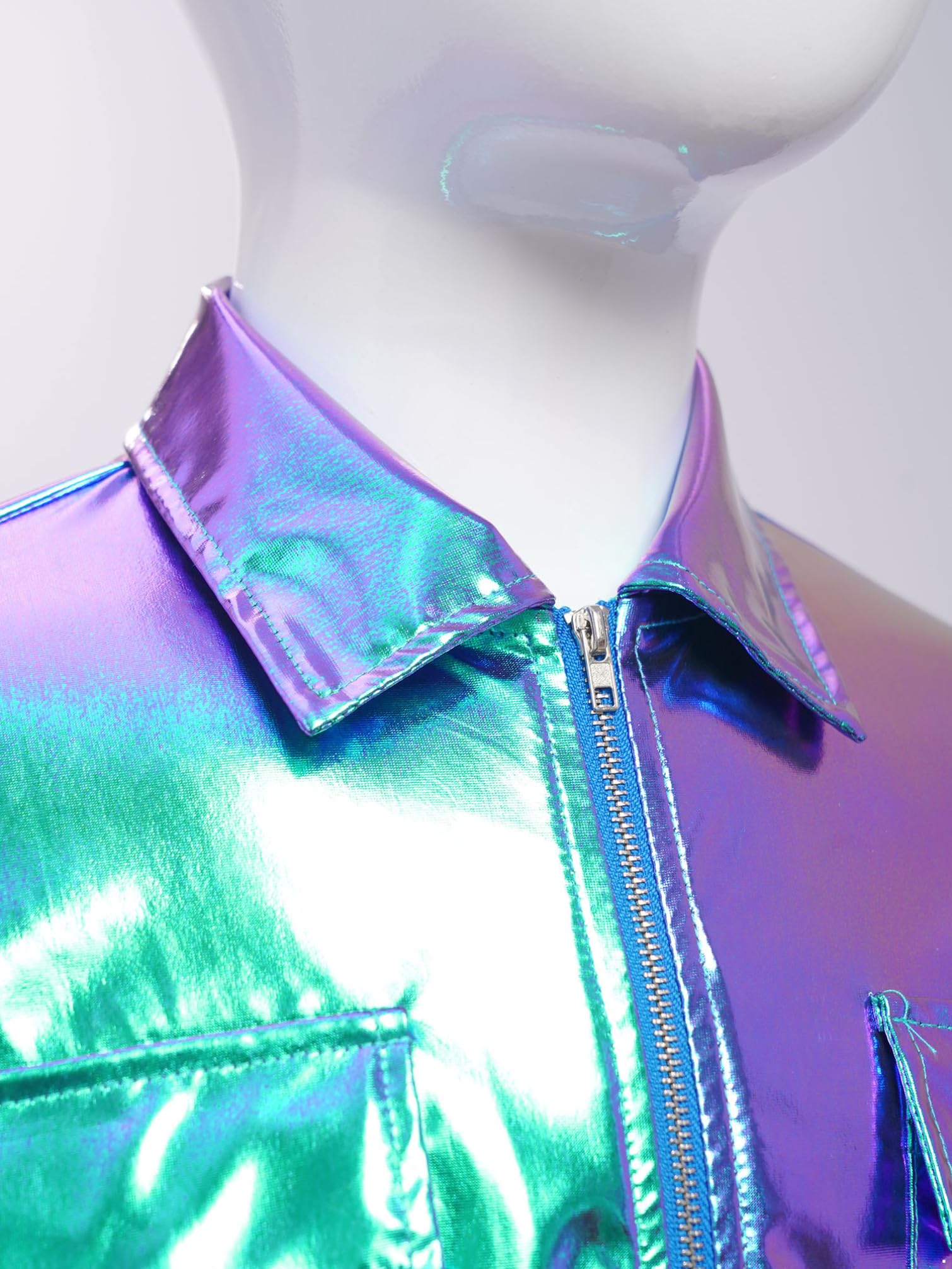 TiaoBug Mädchen Metallic Jacke Langarm Hemd Bluse Kurze Übergangsjacke mit Reisverschluss Modern Jazz Hip Hop Tanz 70er 80er Jahre Outfit