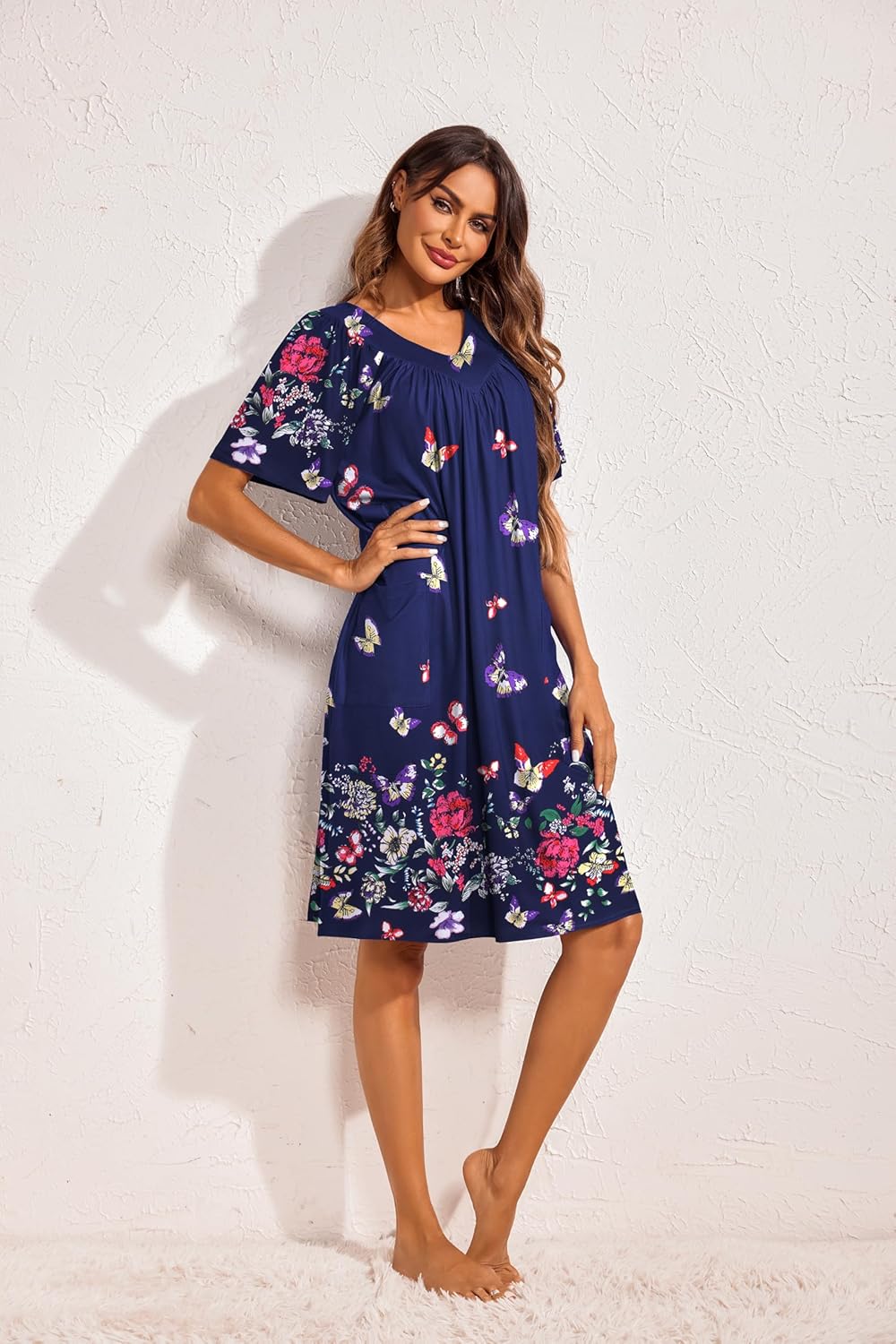 Ekouaer Womens House Dress Floral Print Moo Moos Nightgowns Moomoo Dresses Mumus with Pockets - Image 4