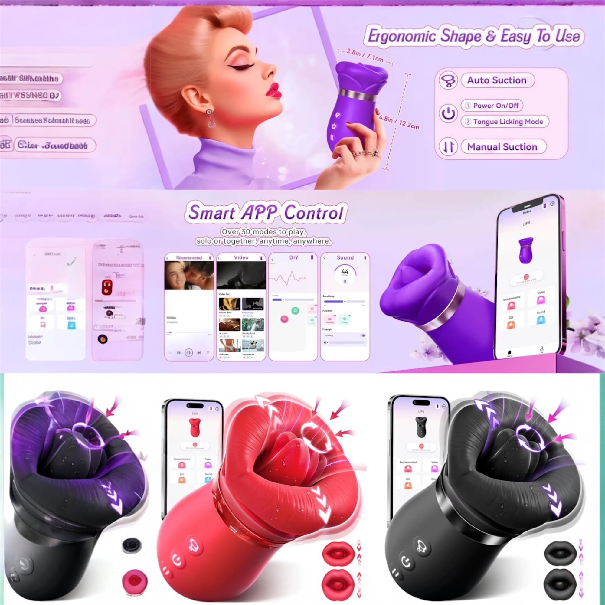 Mr. James Concepts – 5 – in – 1 smart dispositivo per il benessere intimo – con controllo tramite app Kiss Vibrator with Licking, vibrazione & aspirazione – Ergonomic Design for External intimo