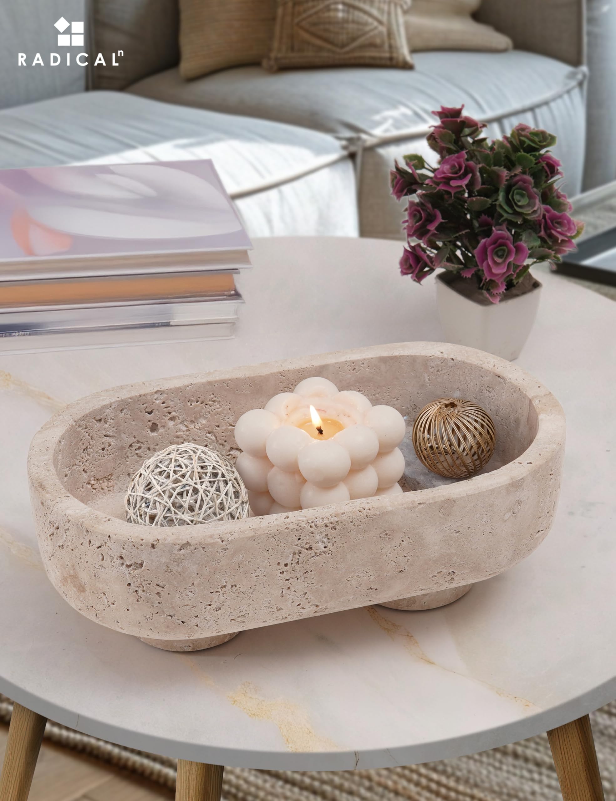 Radicaln Bol ovale en marbre avec support de 25,4 cm fait à la main pour comptoir de cuisine, plat à bonbons, support à fruits et bol décoratif pour décoration d'intérieur, salon et table à manger
