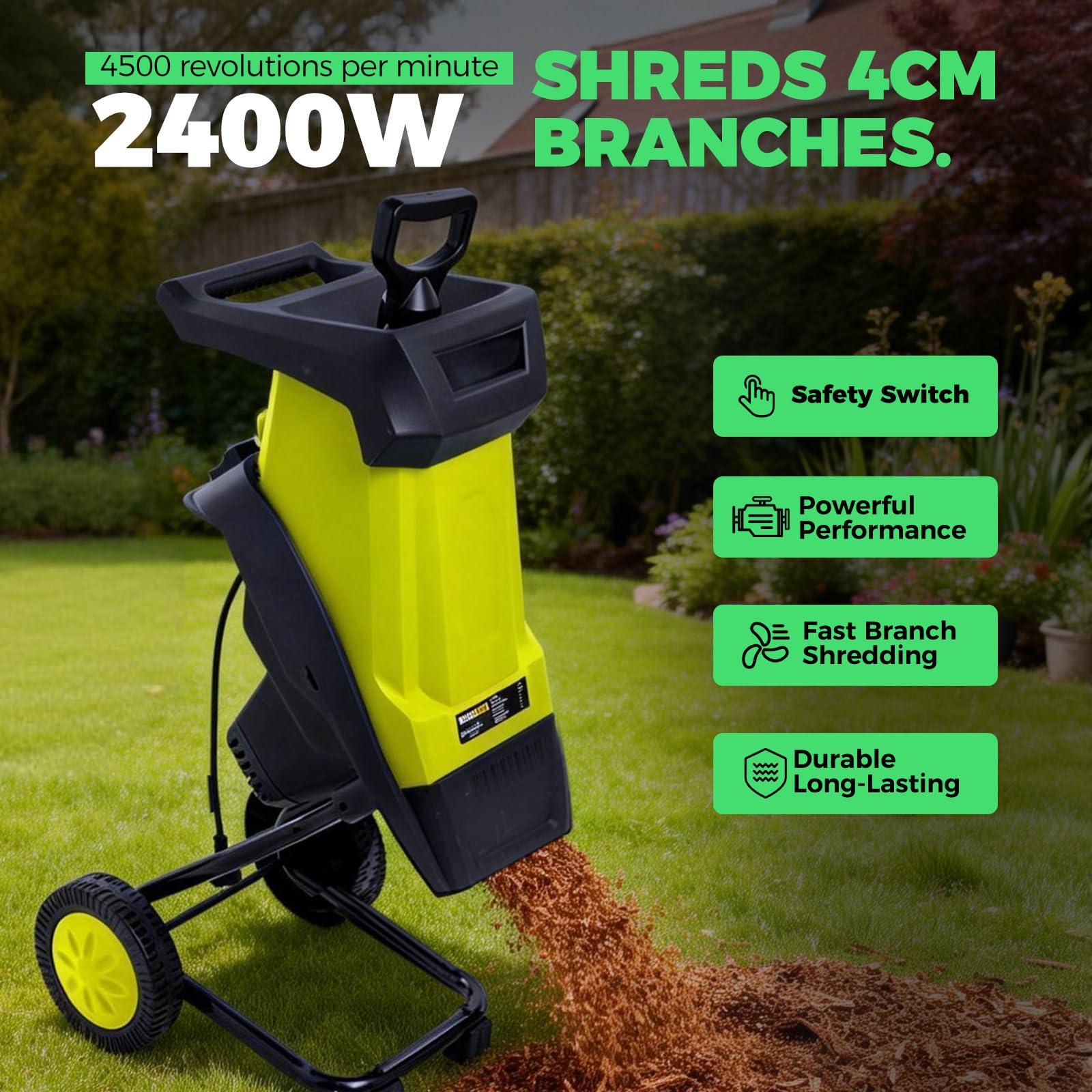 Triturador de Jardín, Astilladora Eléctrica, Astilladora Ramas 40mm/1,57in, Bolsa Recogida 50L, máquina trituradora jardín eléctrica, para amas,Palos y residuos jardín Yellow