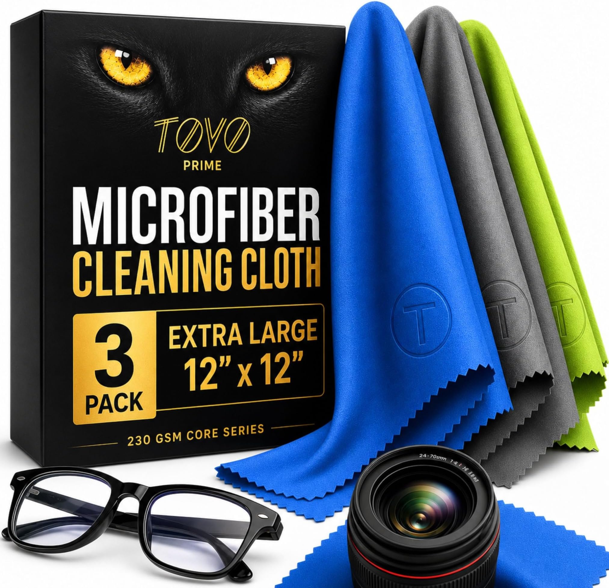 Extra Large Microfiber Cleaning Cloth – 3 Pack, 12"x12", 230 GSM Thick Lens Cleaner for Glasses, Camera & Screens, Ultra Soft, Streak-Free, Lint-Free, Scratch-Safe (Core Series)