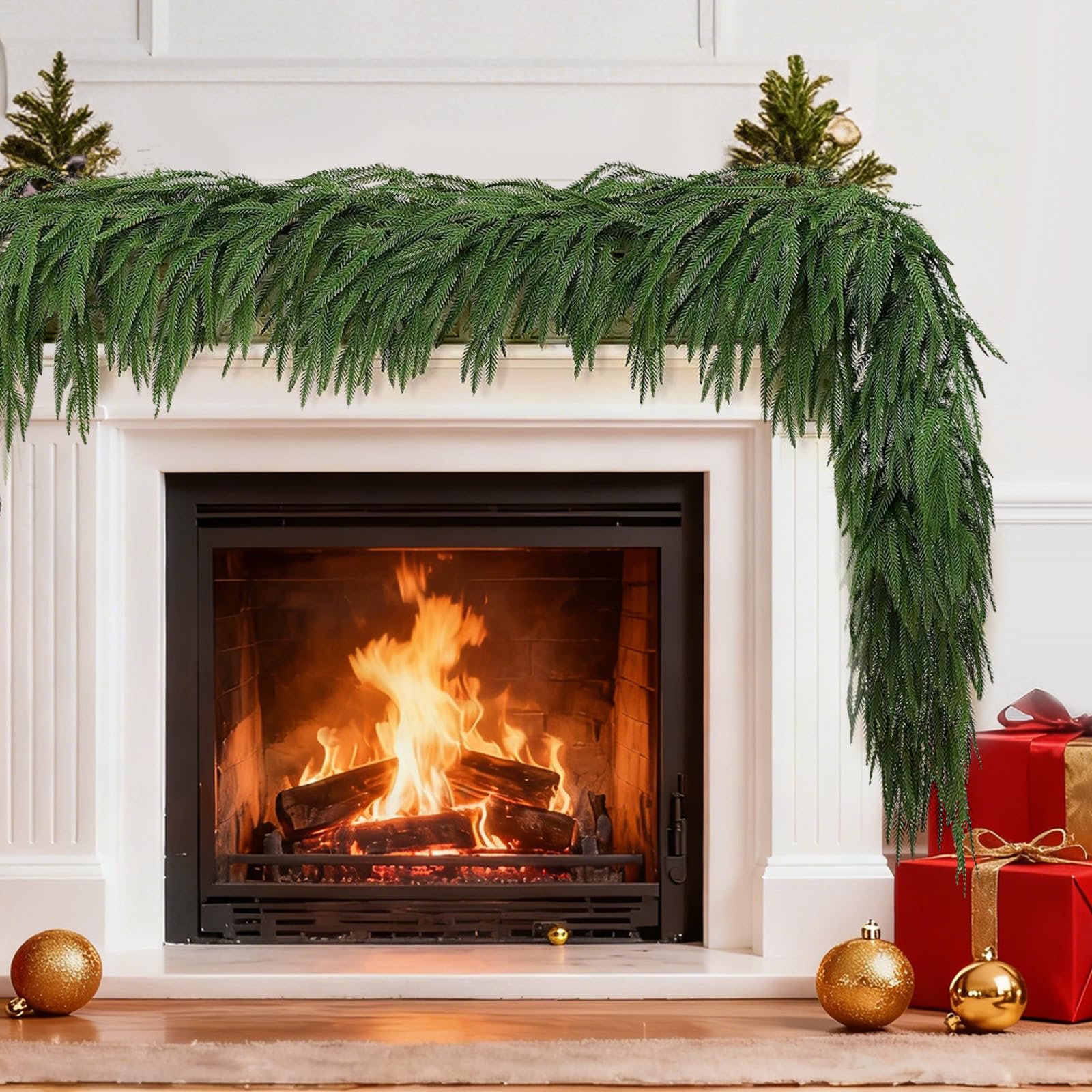 9 FT Real Touch Norfolk Pine Garland,Artificial Christmas Norfolk Pine Garlands,Realistic Faux Greenery Garland for Fireplace Mantle Window Indoor Outdoor Decor for Home Wedding Party Christmas