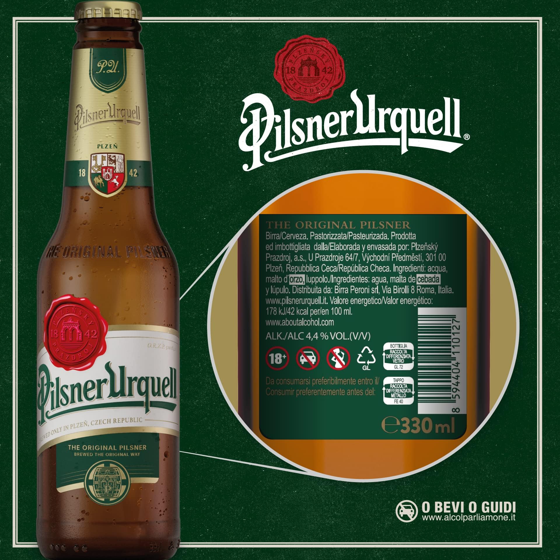 Pilsner Urquell Birra Pils, Cassa Birra Con 24 Birre In Bottiglia Da 33 Cl, 7.92 L, Gusto Pieno Intensamente Luppolato, Gradazione Alcolica 4.4% Vol