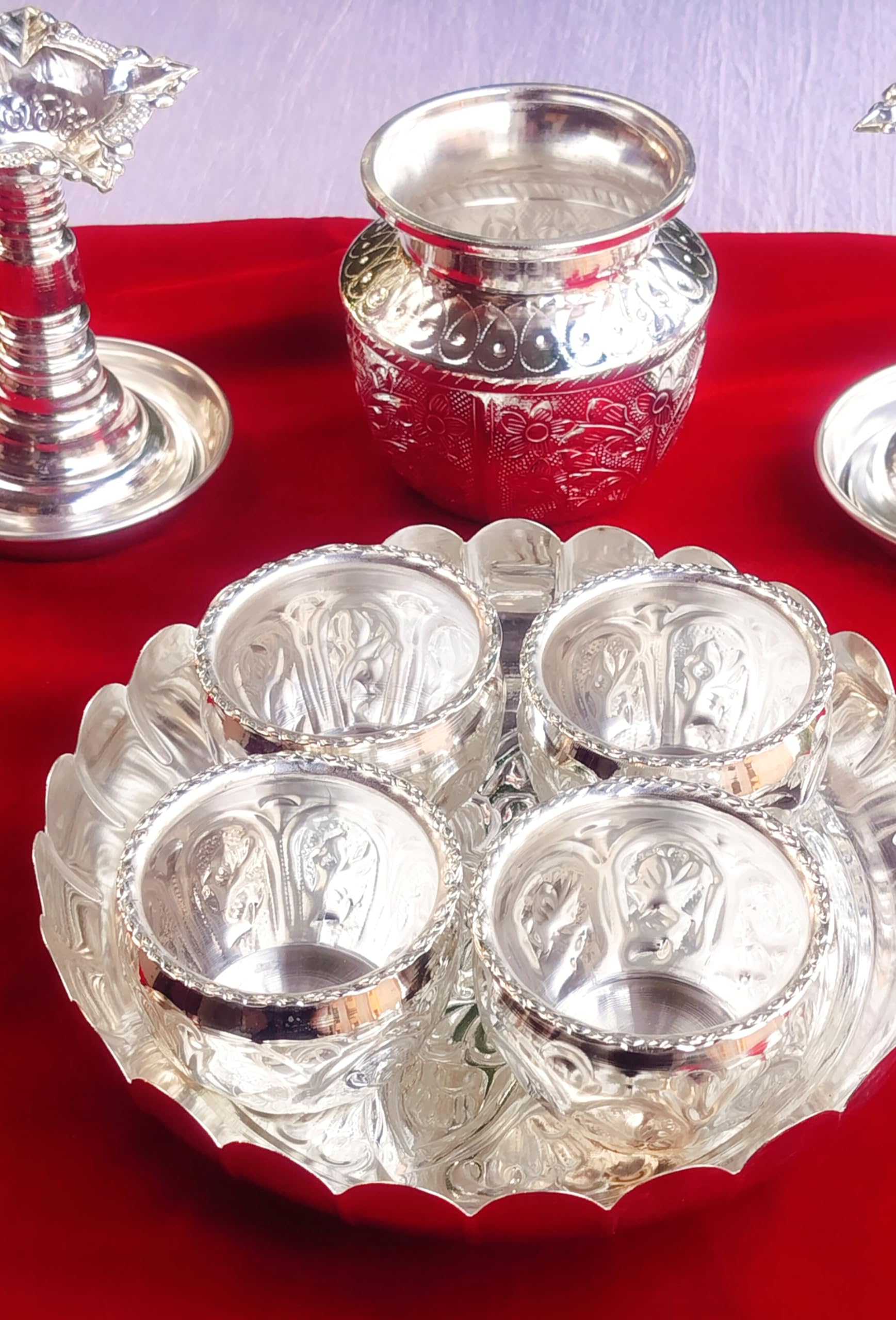 indiancraftsbykanika German Silver Pooja Set of 10 Pieces for House Warming Pooja/Festival/Wedding