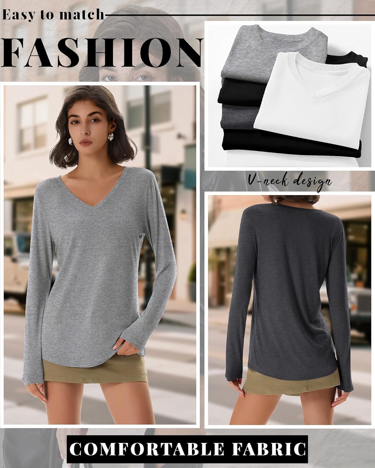 4 Pack Women's Long Sleeve T-Shirts V Neck Basic Tees Curved Hem Casual Tops Loose Fit Fall Outfits - Image 6