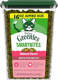 Greenies Cat Treats, Feline Smartbites, Skin & Fur Health, Crunchy and Soft Cat Treats, Salmon Flavor, 16 oz. Tub