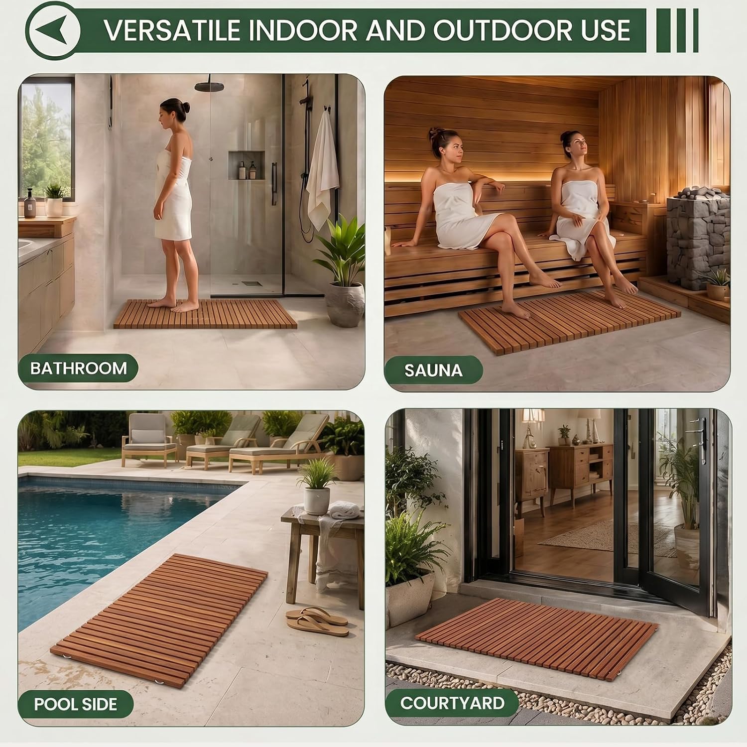 Leinuosen Large 40" x 20" Solid Teak Shower Mat, Roll Up Wood Bath Mat with Non Slip Rubber Feet, Teak String Platform for Walk-in Shower, Spa, Sauna, Pool and Hot Tub