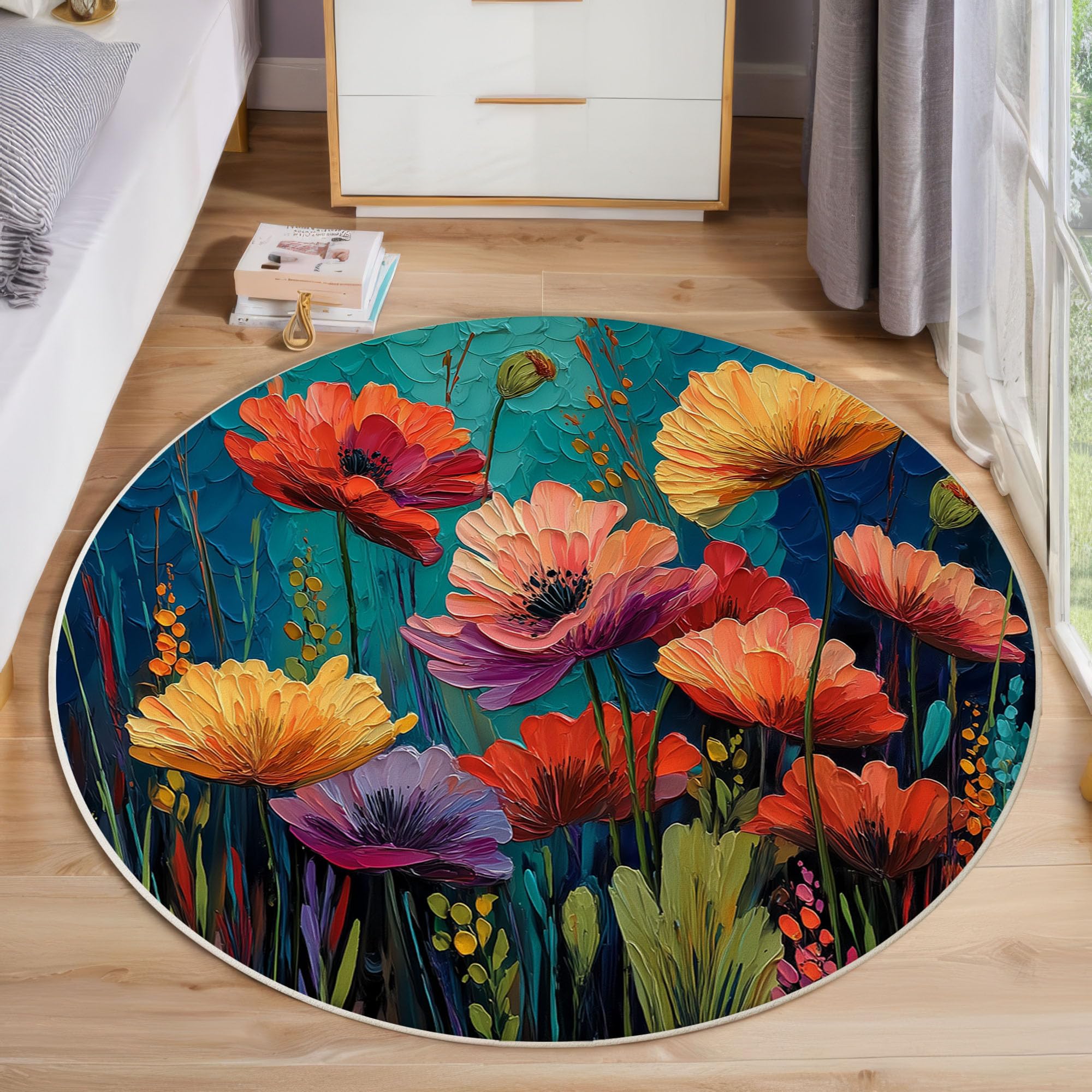 Tapis lavable fleurs de pavot de 80cm avec envers antidérapant et doux