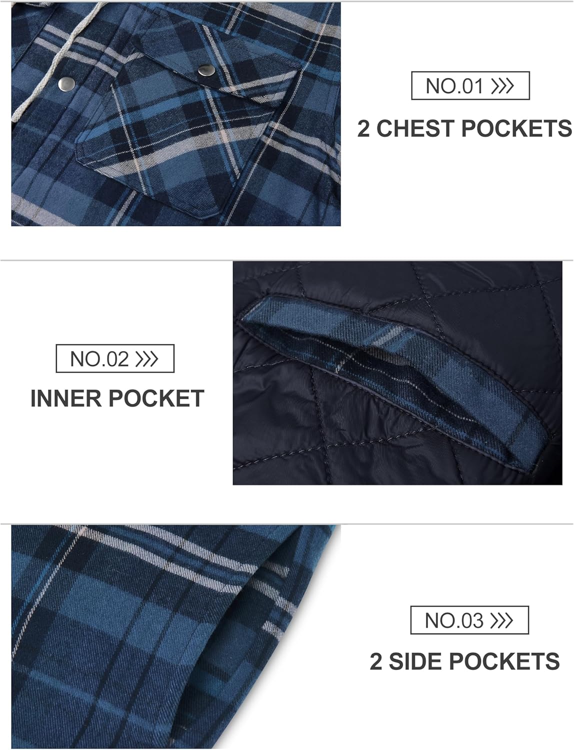 TACVASEN Men's Flannel Jacket with Hood Quilted Lined Plaid Shirts Jacket Cotton Long Sleeve Button Down Shirt Shacket - Image 6
