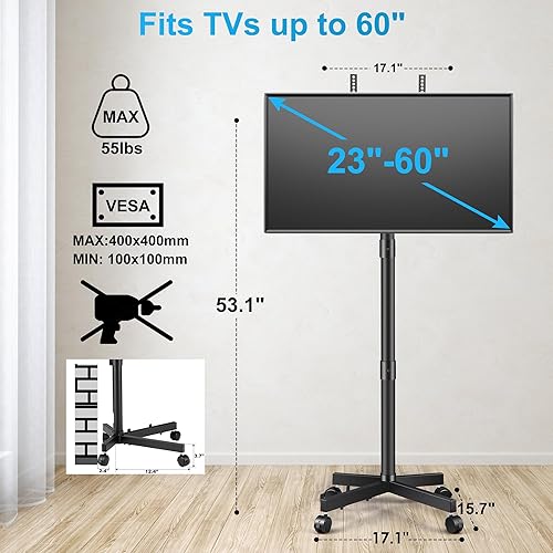 Miniatura 5 de La Jaco Soporte de TV con ruedas para pantallas LCD LED de 23 a 60 pulgadas, pantalla plana curvada, soporte de TV móvil de altura ajustable con