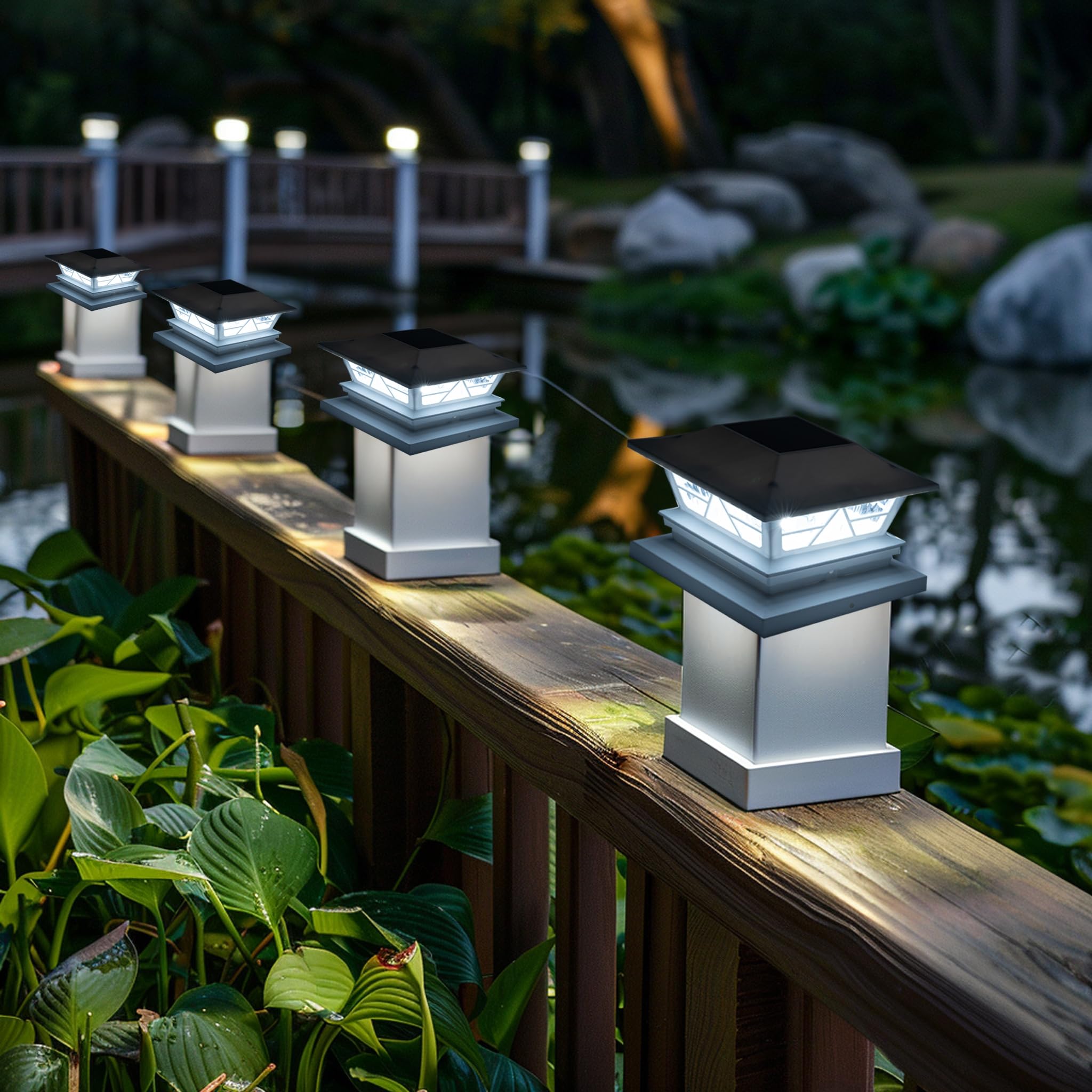 TW SHINE Confezione da 8 luci solari per recinzioni esterne, 2 modalità, impermeabili, bianco caldo/bianco freddo, per cortile, giardino, veranda, patio, per pali in legno da 4 x 4, 5 x 5, 6 x 6