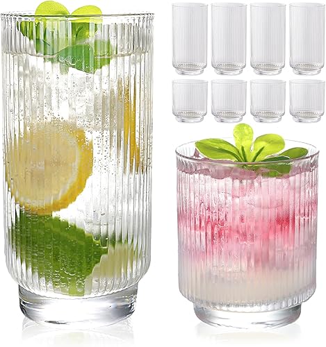 Juego de 8 vasos de vidrio acanalado con base de cristal, 4 vasos Highball de 18 onzas y 4 vasos de 9 onzas, Art Deco, para agua, café helado,