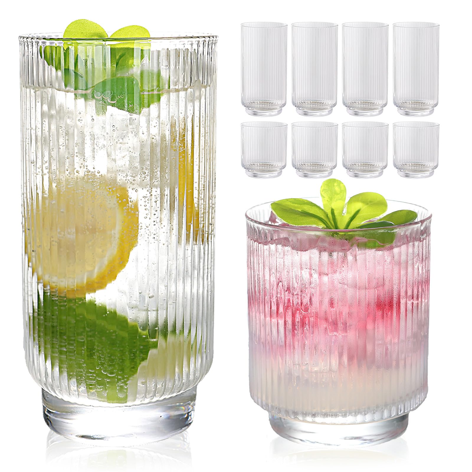 WeirdUncle Set of 8 Ribbed Glass Cups with Crystal Base,4 Highball Glasses 18oz & 4 Rocks Drinking Glasses 9oz, Art Deco, for Water, Iced coffee,