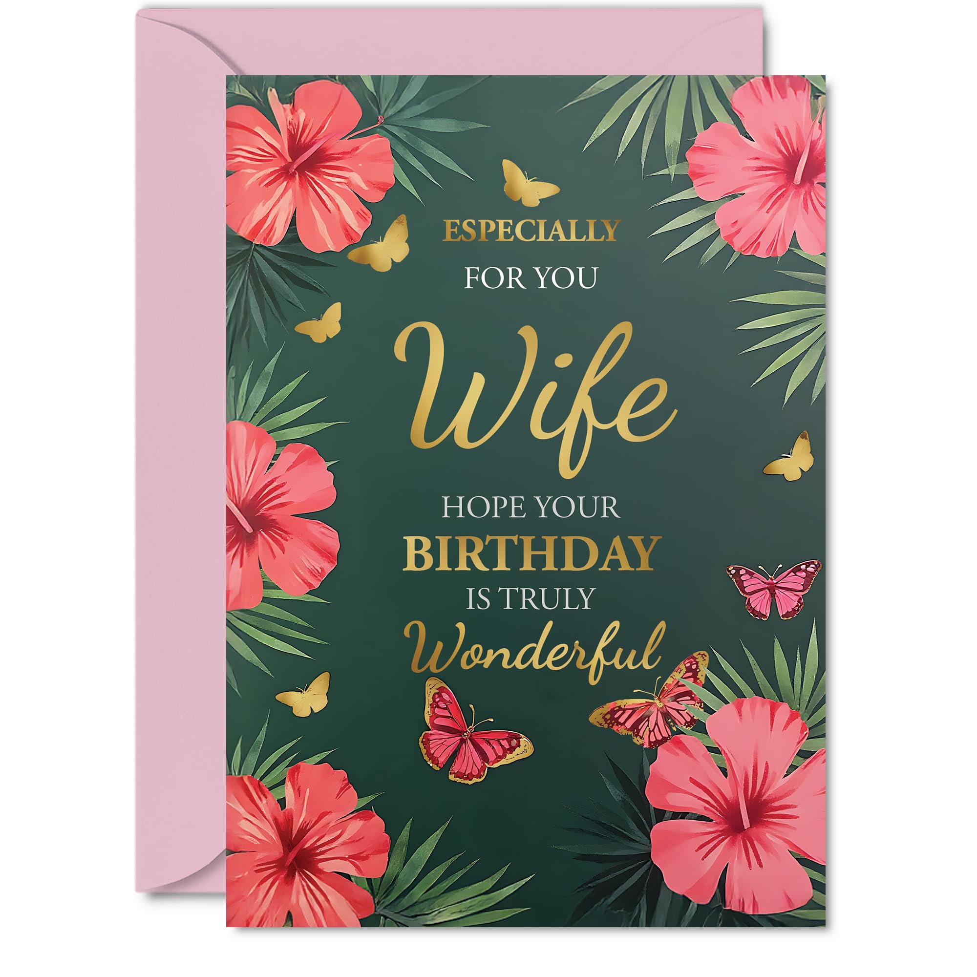 Gold Wife Birthday Card, Butterflies & Flowers