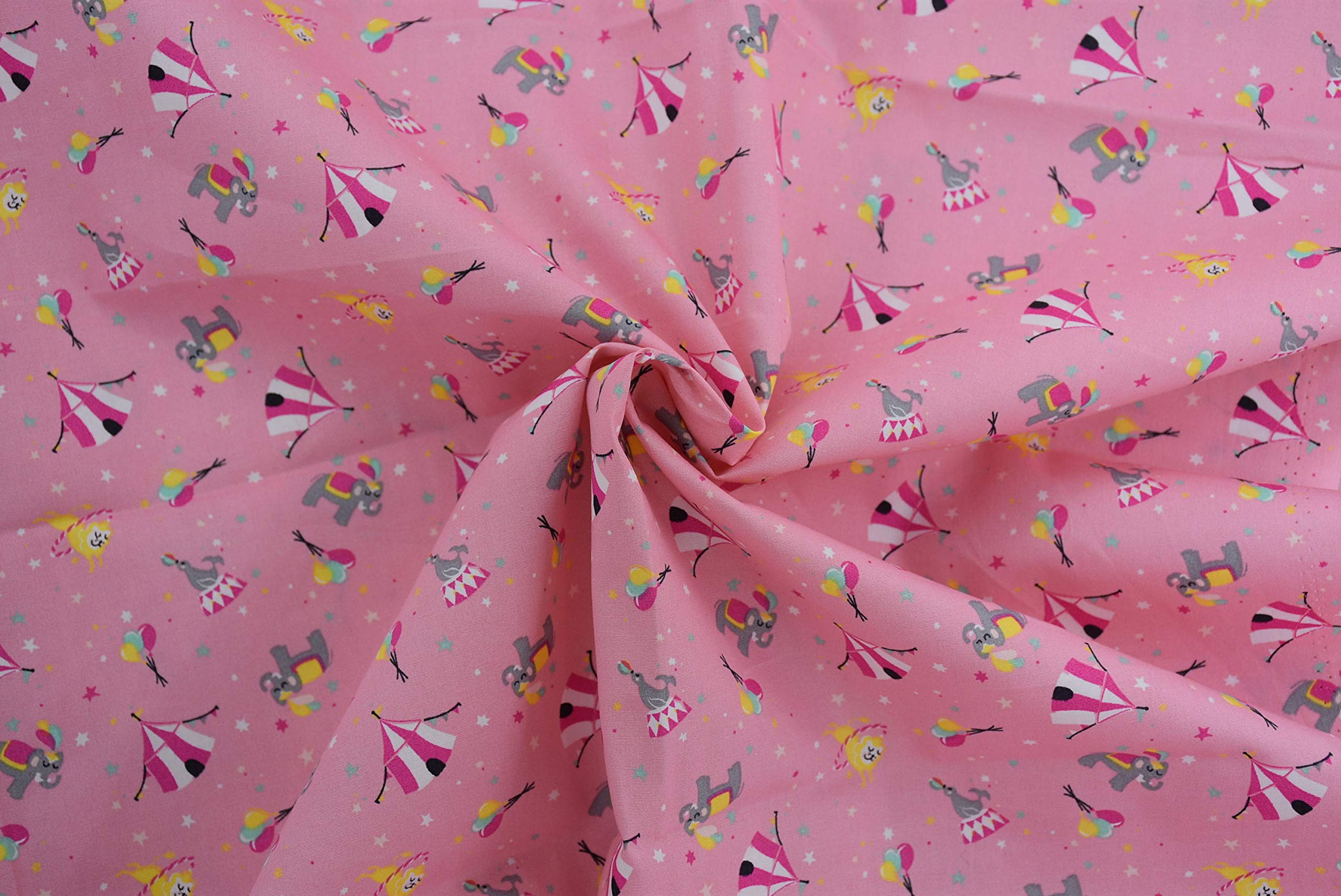 Pyrhan Ltd 100% Cotton 45" Wide Kids Circus Print Fabric Elephants Lion Ballons (Pink)