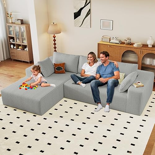 96" Modular Sectional Couch, Boneless L Shaped Cloud Sofa with Chaise Lounge, Corduroy Upholstered Couches Memory Foam Deep Seat, No Assembly Required, Ideal for Living Room(Light Gray, Left Facing)