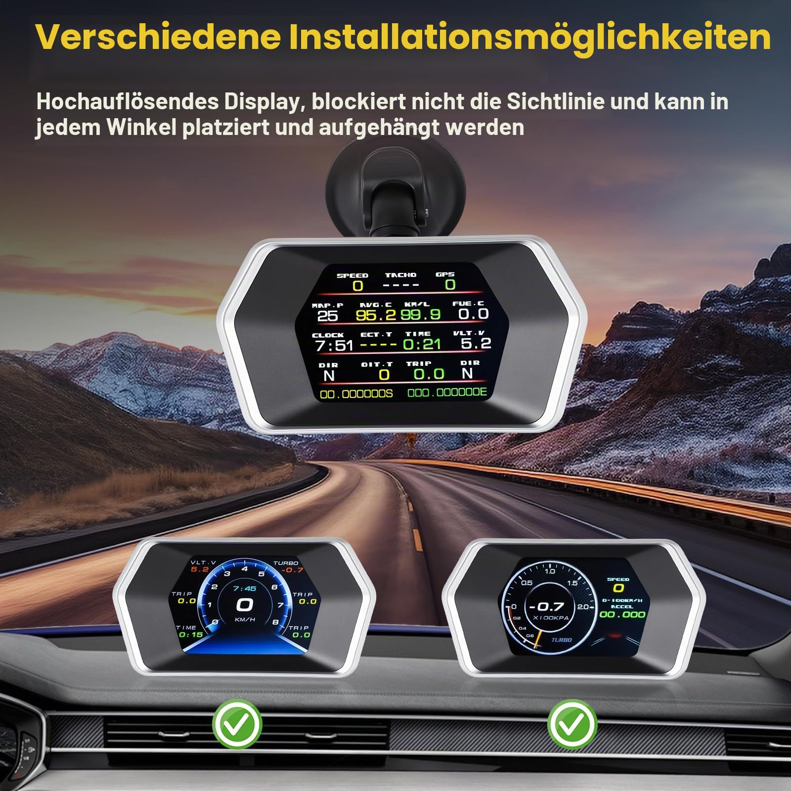SIXTOP OBD2 GPS Dual System 3 Zoll Auto-HUD-Display - Digitaler Tachometer mit Wassertemperatur-, Spannungs- und Drehzahlmesser - Universelles Head-Up-Display für alle Fahrzeuge