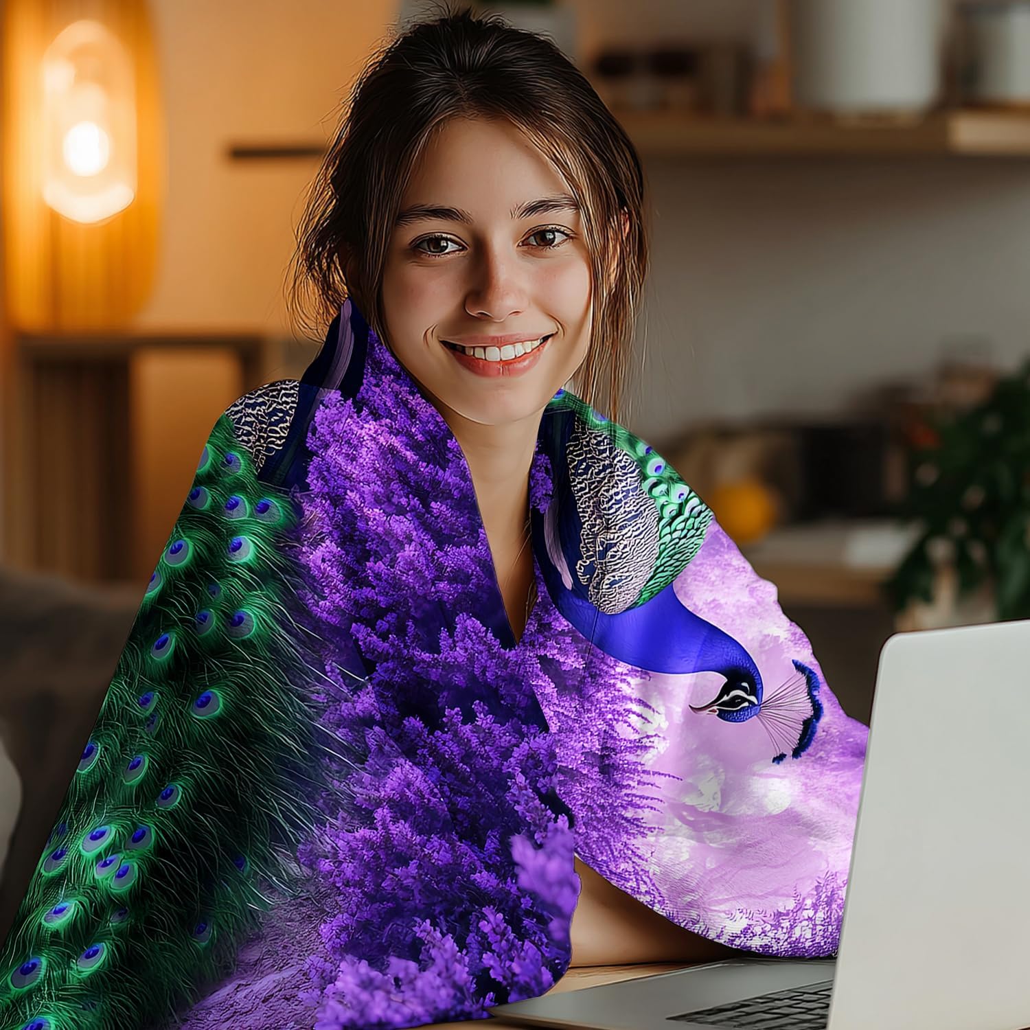 Peacock Gifts for Women, Super Soft Graceful Peacock Decor Purple Lavender Throw Blanket Gifts for Women Girls, Peacocks Stuffed Animal for Kids, Warm Cozy Fuzzy Plush Fleece Flannel Blankets 60"x50" - Image 3