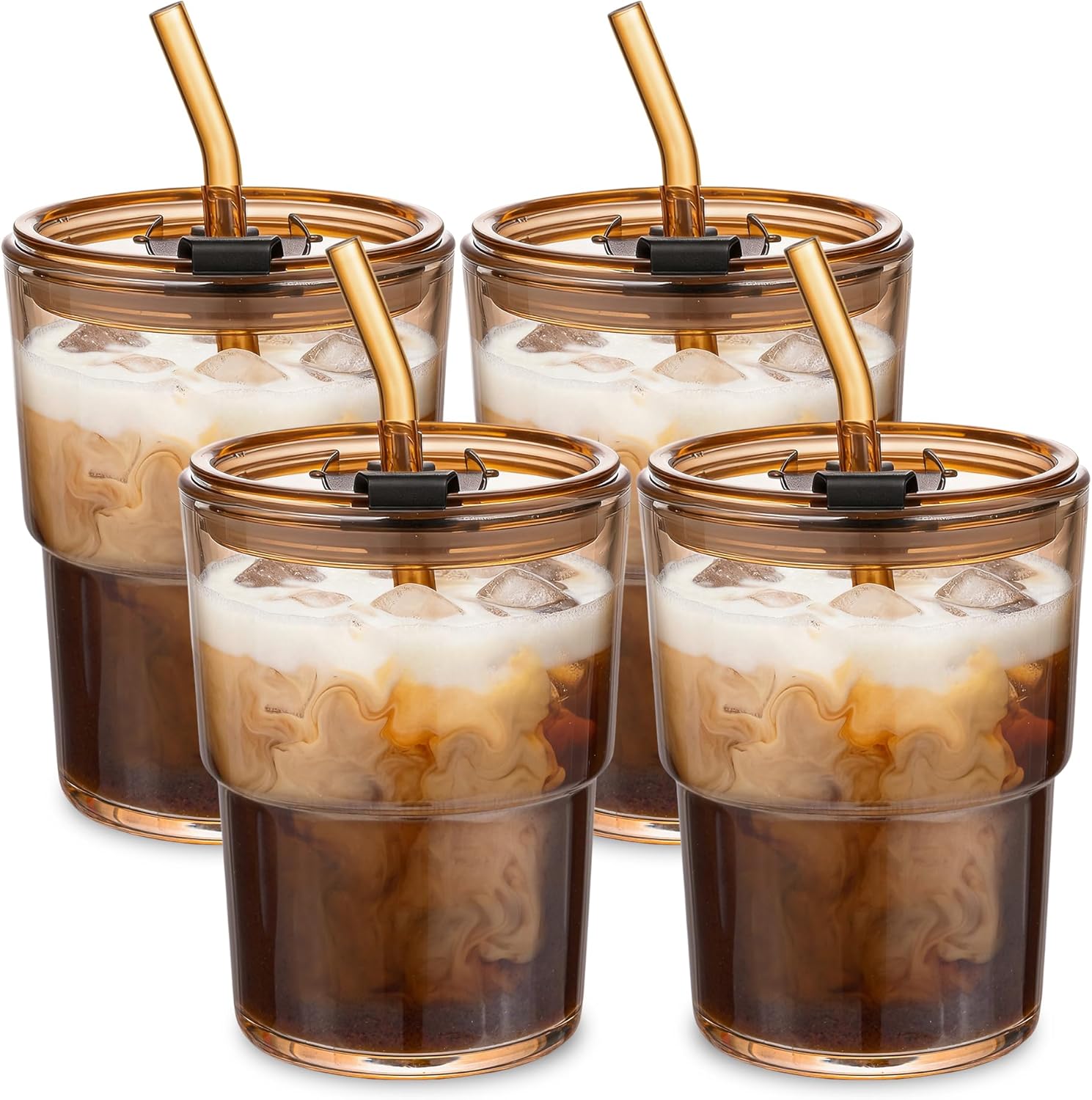 13oz Glass Tumbler with Straw and Lid, Reusable Iced Coffee Cups, Matcha Smoothies Cup, Thick Wall Seal Drinking Glassware Water Cups,Suit for Car Cup Holder (Amber-4pack)
