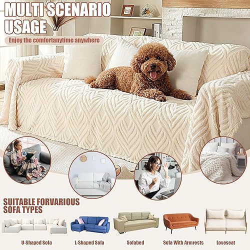 Miniatura 3 de Newwiee Funda de sofá de felpa jacquard con hojas de 71 x 118 pulgadas, cálida, funda de sofá de felpa esponjosa, protector de muebles, acogedor