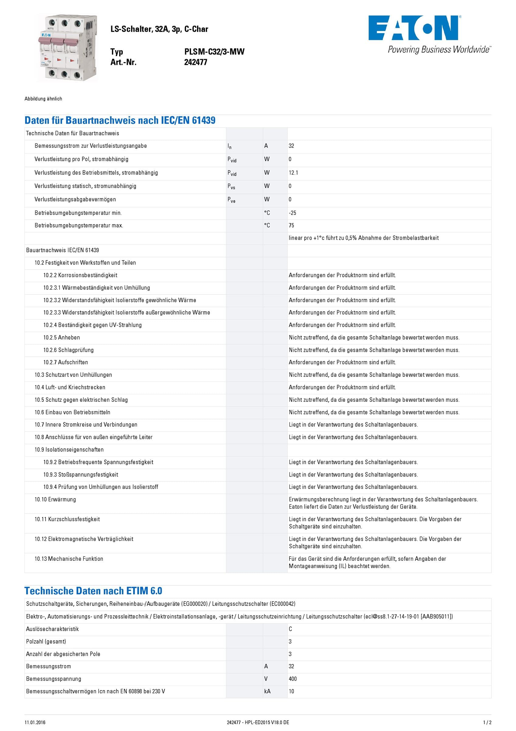 Eaton Moeller PLSM-C32/3-MW Leitungsschutzschalter 32A 3P 3-polig C-Charakteristik LS-Schalter MCB (242477 alt 245005)