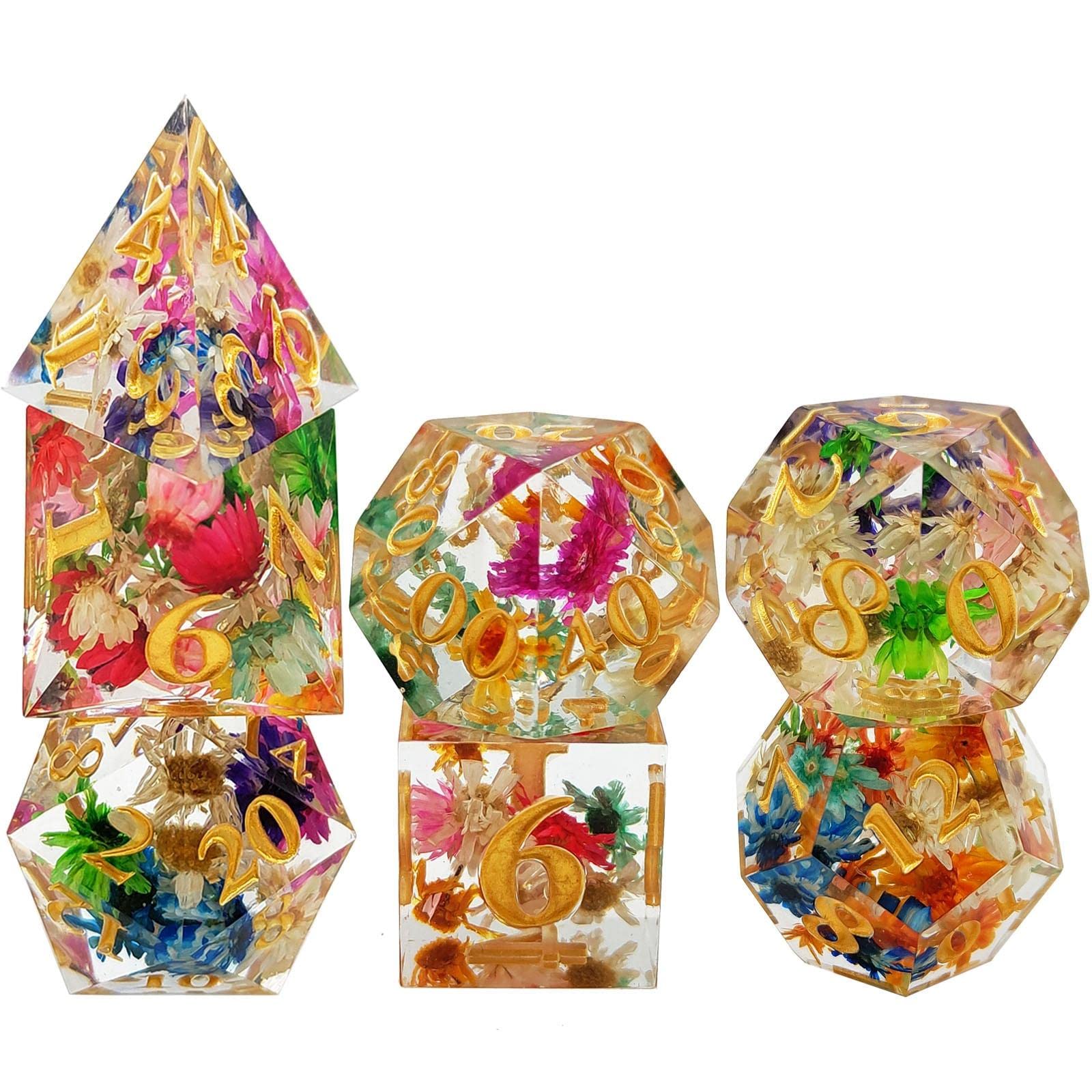 2 set de 7 dés polyédriques transparents en forme de fleur gravée pour les fêtes