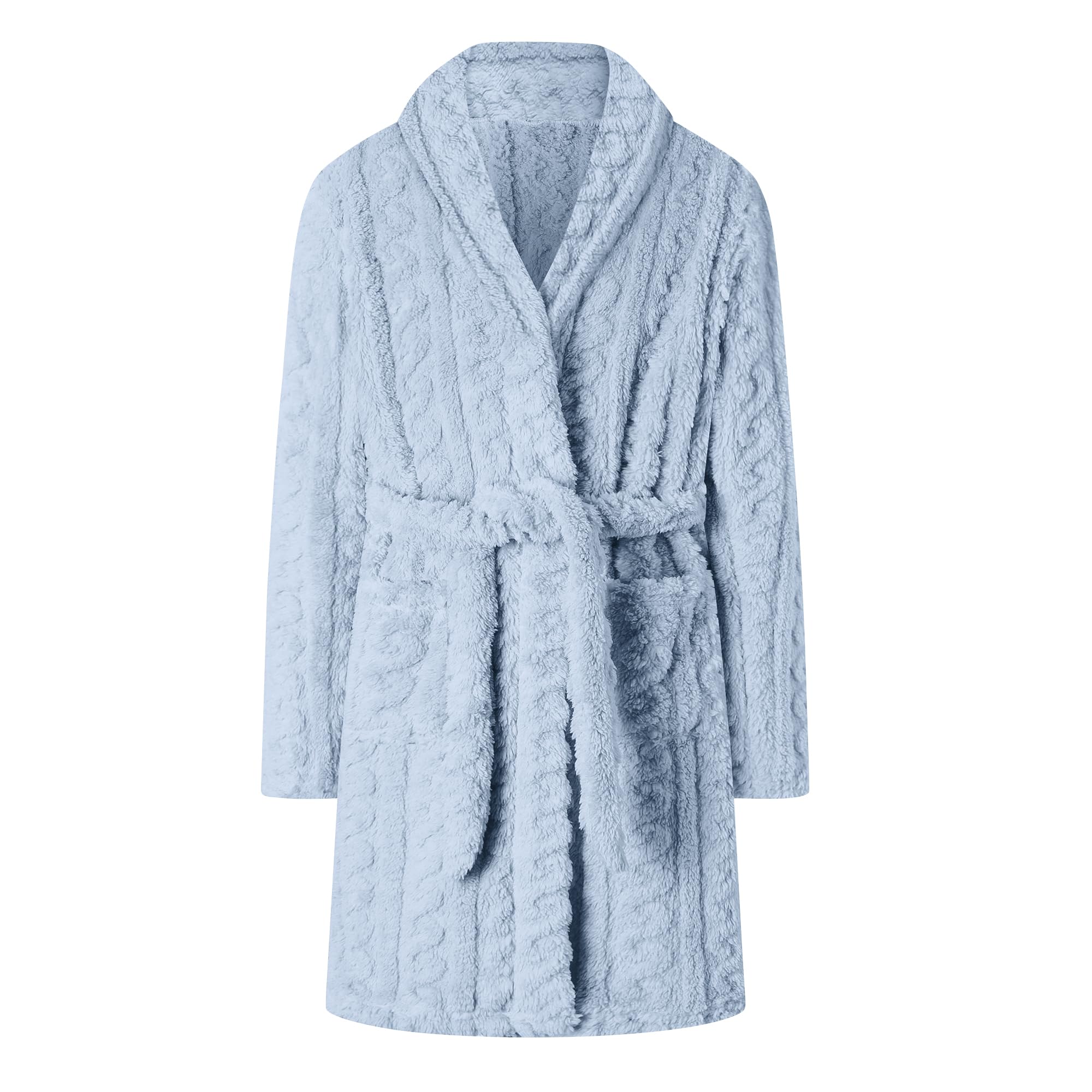 Umeyda Girls Soft Fleece Bathrobe, Cable Plush Hoodless Warm Robes with Belt Pockets for Kids, 2-15Y
