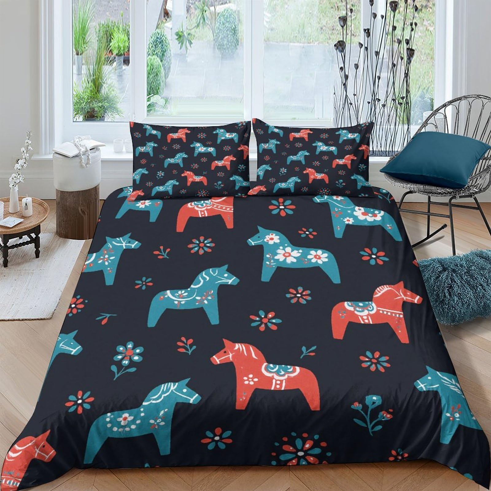 Ctjqhvkz Style-4 3D Printed Nordic Horse Fitted Sheet Microfiber Soft Breathable Folk Art Bed Cover For Bedroom Dorm Mattress Decoration Single（135X200cm）