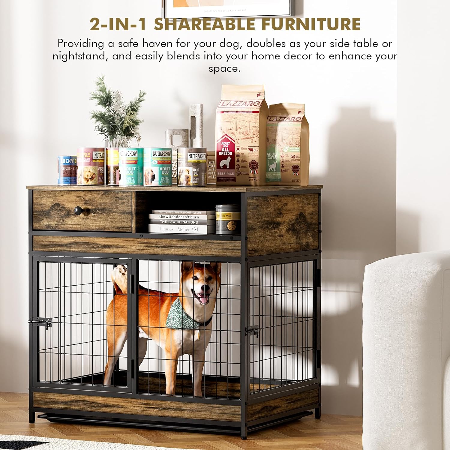 Dog Crate Furniture, Wooden Kennel Side End Table with Drawers & Multi-Purpose Removable Tray, Modern Double-Door Dog House Indoor Small to Large Dog
