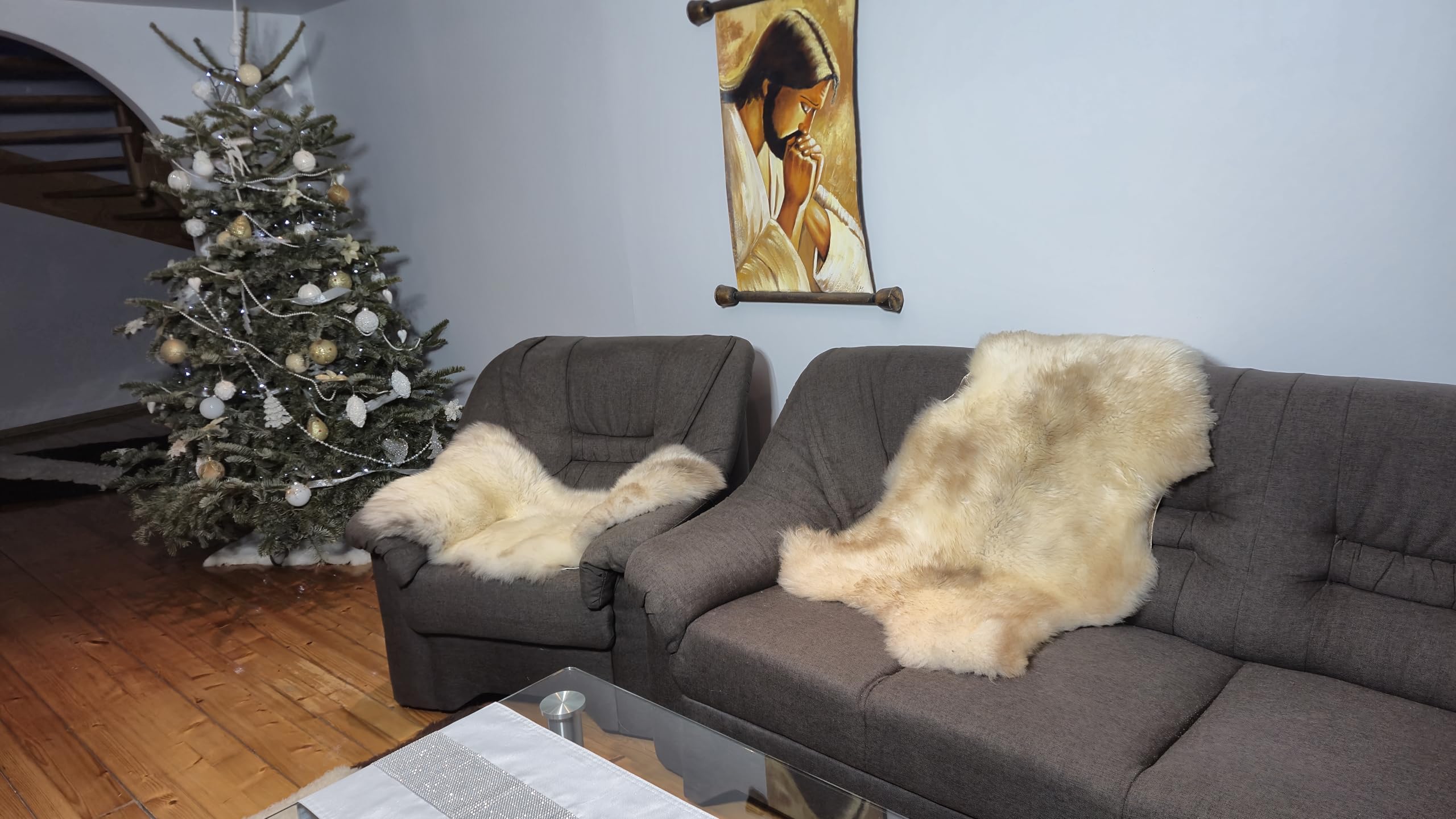 Peau d'agneau naturelle jaune chiné - Véritable peau de mouton unique - Tapis décoratif de qualité supérieure et jeté de fauteuil - Fourrure douce à poils longs d'environ 6 cm - Écologique