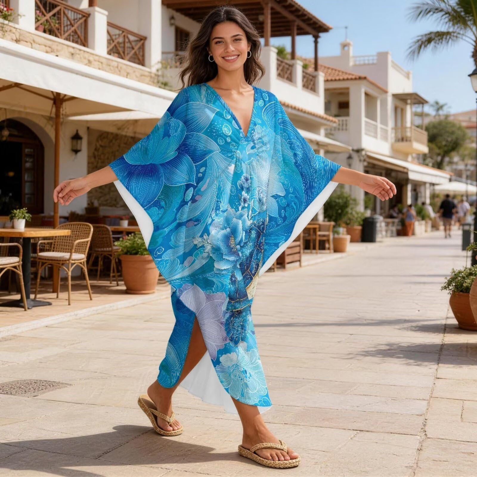 Xoenoiee Damskie sukienki kaftanowe kaftan plus size rękaw nietoperz strój kąpielowy okrycie dekolt w serek letnia sukienka plażowa jeden rozmiar