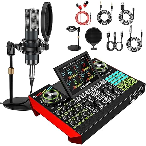 Podcast Equipment Bundle with Live Sound Card Audio Mixer, 3.5mm Condenser Microphone for PC/Phone Streaming and Singing, Podcast Microphone Bundle with Voice Changer sound board