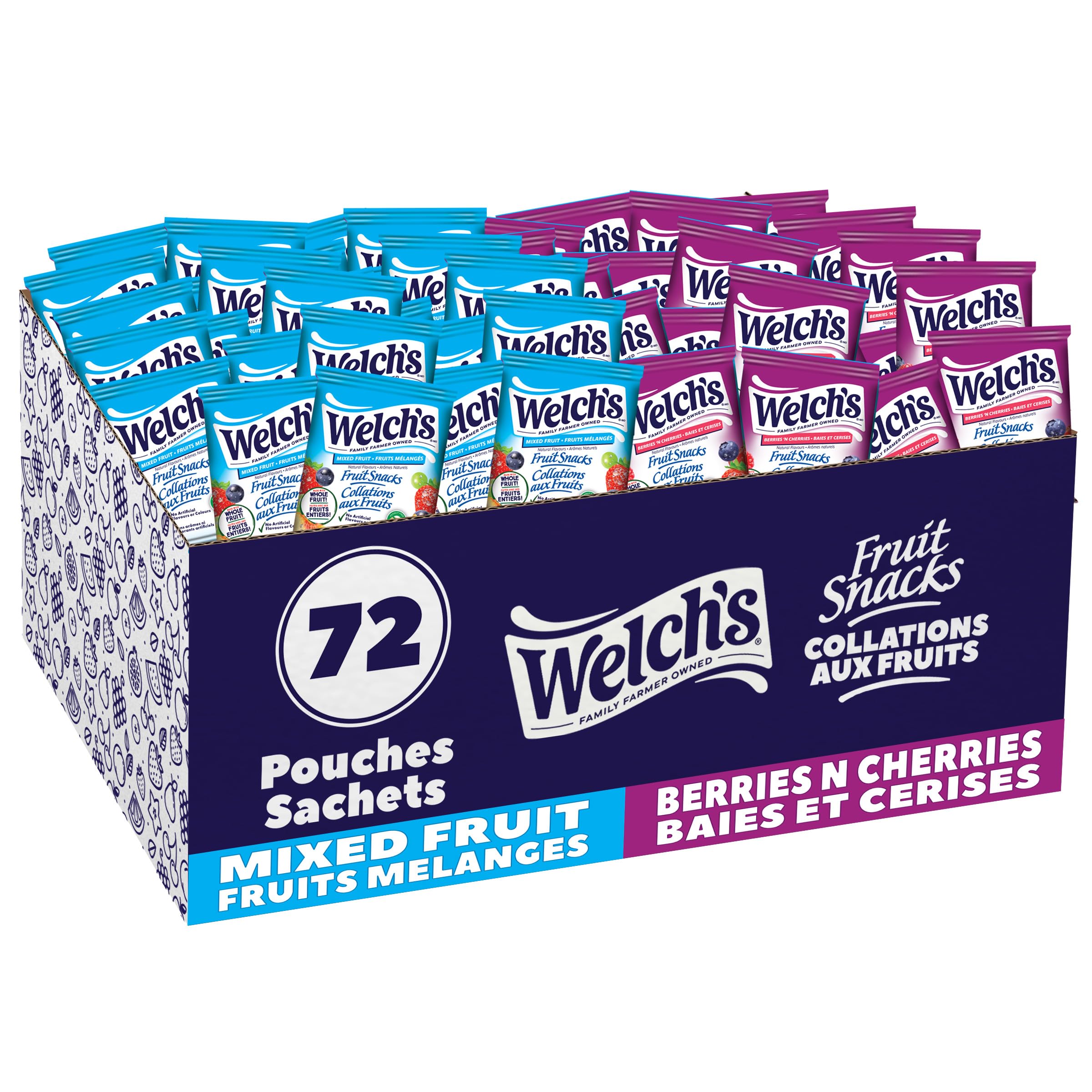 Welch's Fruit Snacks Mixed Fruit & Berries 'N Cherries Bulk Pack Gluten Free Individual Single Serve Bags 22g (Pack of 72)