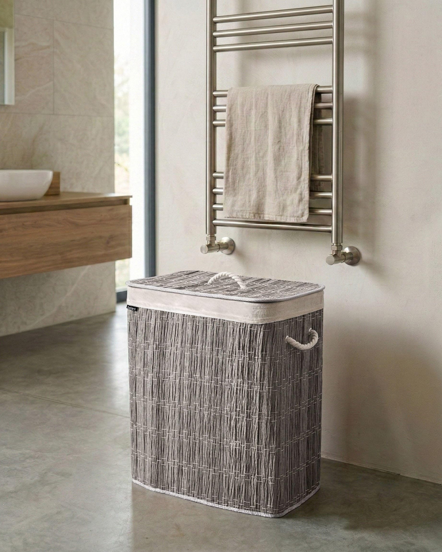 Cesto para la ropa sucia plegable con tapa forro extraíble de dos compartimentos de tela hecho a mano cuarto de baño 100l gris Arraias