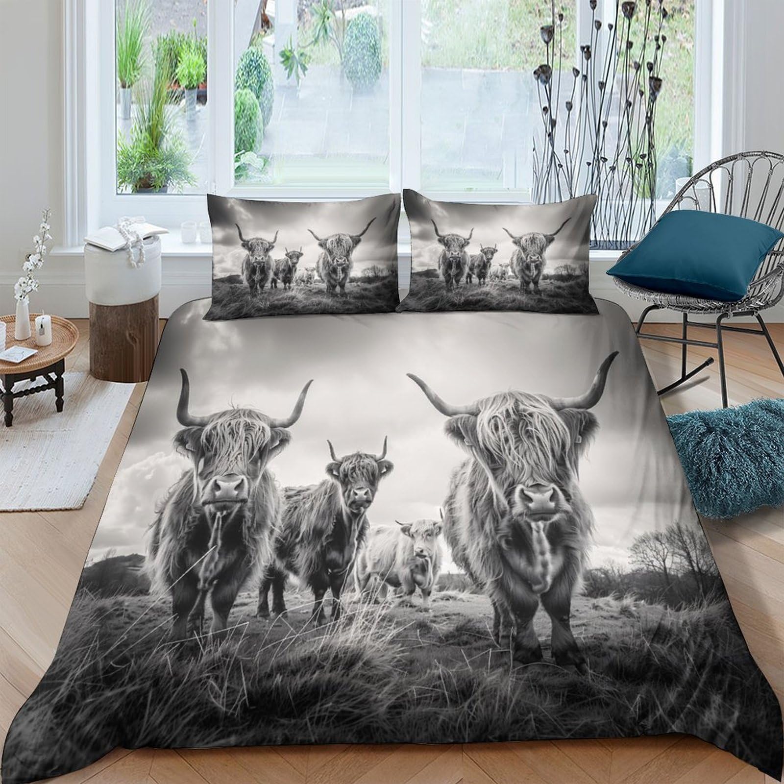 Ctjqhvkz Style-6 3D Printed Highland Cow Fitted Sheet Microfiber Soft Grey Farm Animal Bed Cover For Bedroom Guest Room Decor Single（135X200cm）