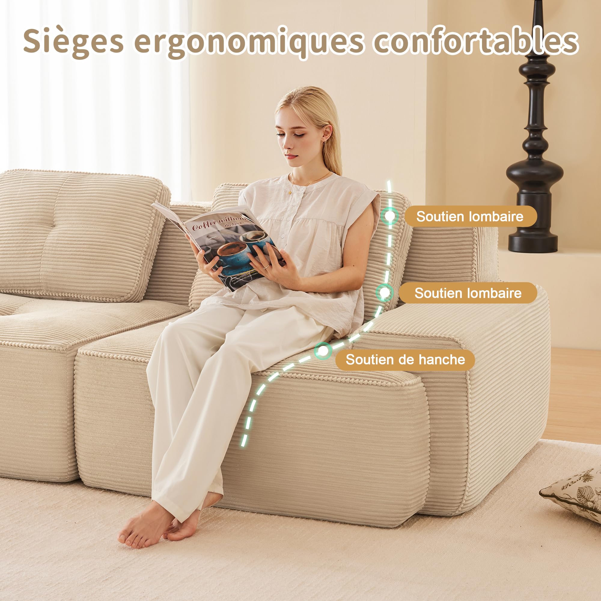 Canapé d'angle convertible, 204 cm Canapé 2 places en L, compressible canapé modulable Cloud avec assise profonde, canapé confortable et librement combinable pour le salon, velours côtelé, Beige