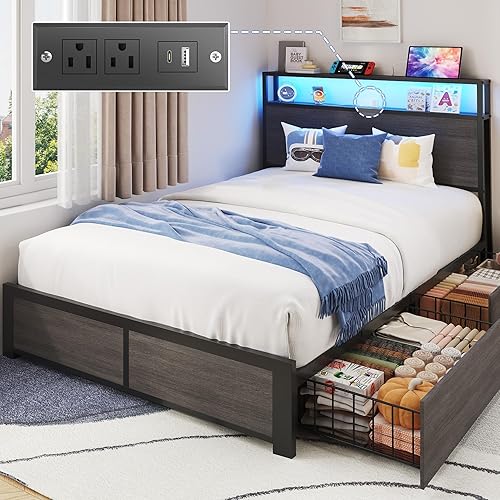 PHGLL Twin Bed Frame with 2-Tier Storage Headboard, Twin Size Metal Bed Frame with 2 Storage Drawers, 3-in-1 Charging Station & RGB LED, Noise-Free/Metal Support/No Box Spring Needed, Rustic Grey