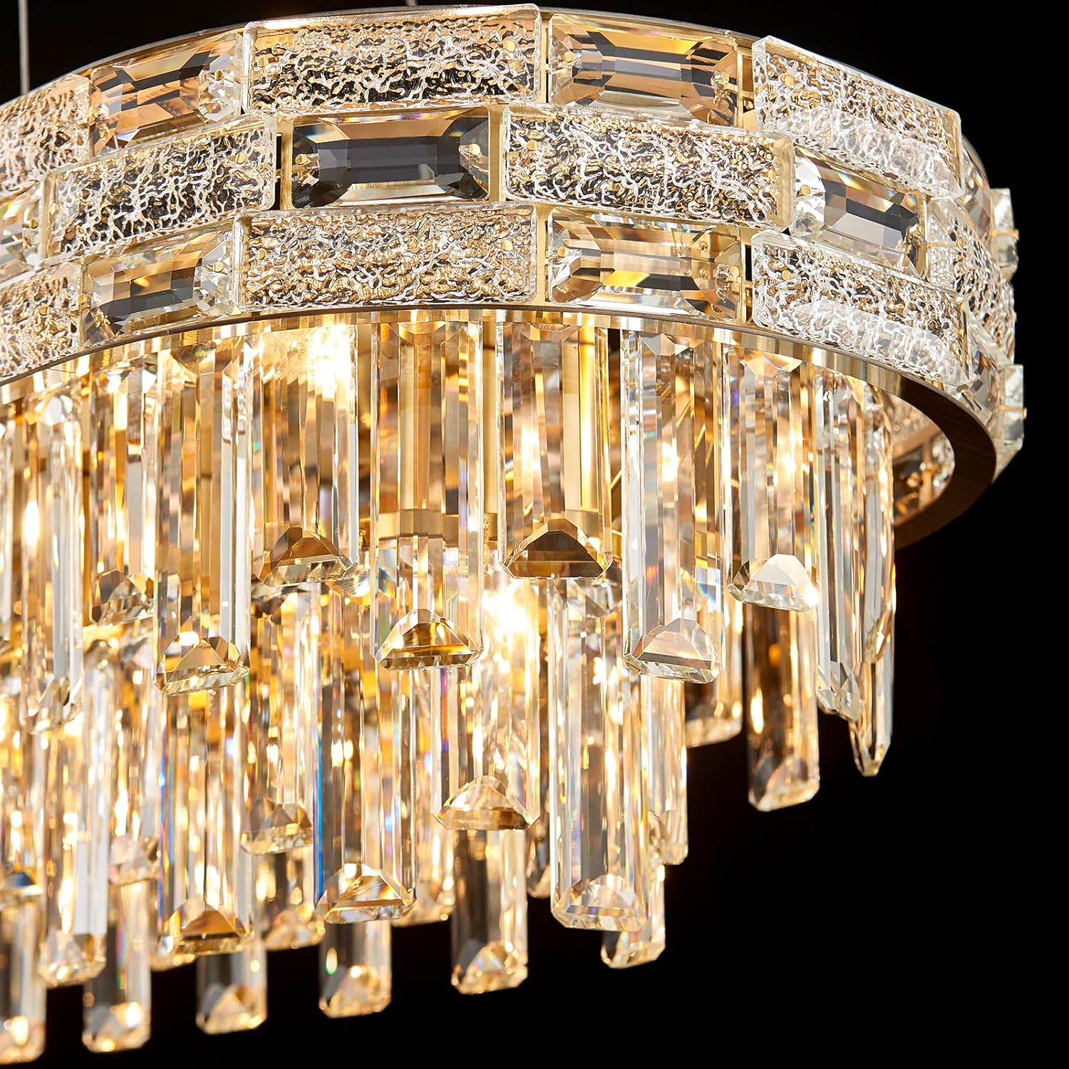 Modern Crystal Chandelier,12-Light Gold Chandelier Light Fixture Contemporary Luxury K9 Crystal Rectangular Pendant Ceiling Light Fixture for Dining Living Room Kitchen Island Bar (L34.3Inch)